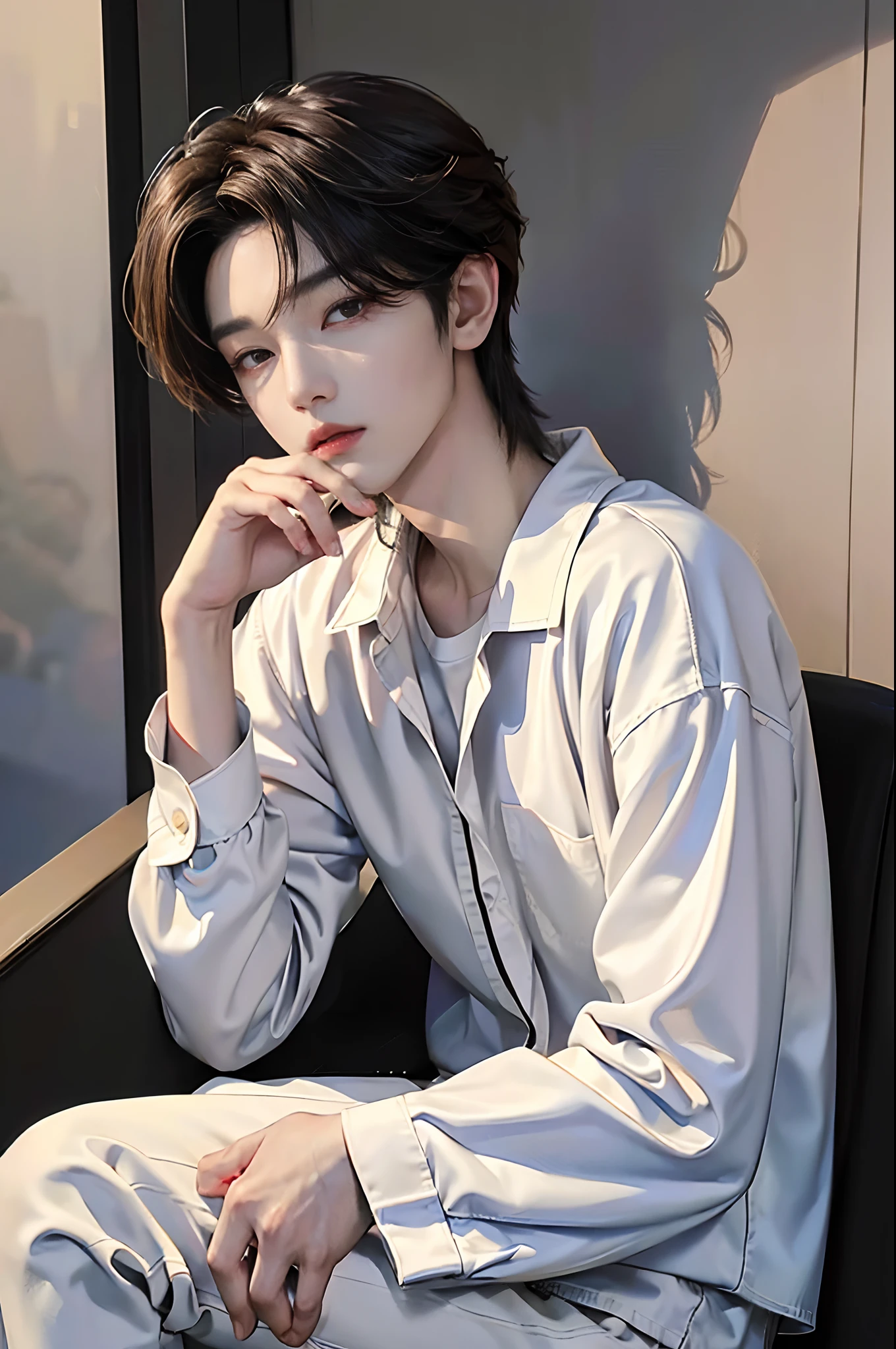 masterpiece、(top-quality)、((high-level image quality))、One Manly Boy、Slim body、((White Y-shirt and long black pants))、(Detailed beautiful eyes)、September Night Road、sitting on a curb、Face similar to Chaewon in Ruseraphim、((short hair above the ears))、((Smaller face))、((Neutral face))、((Light brown eyes))、((Korean boy))、((18year old))、((Handsome man))、((Wild look))、((Korean Makeup))、((elongated and sharp eyes))、((Sit next to the viewer))、((shot from a side angle))、((The upper part of the body))、((Close-range shooting))