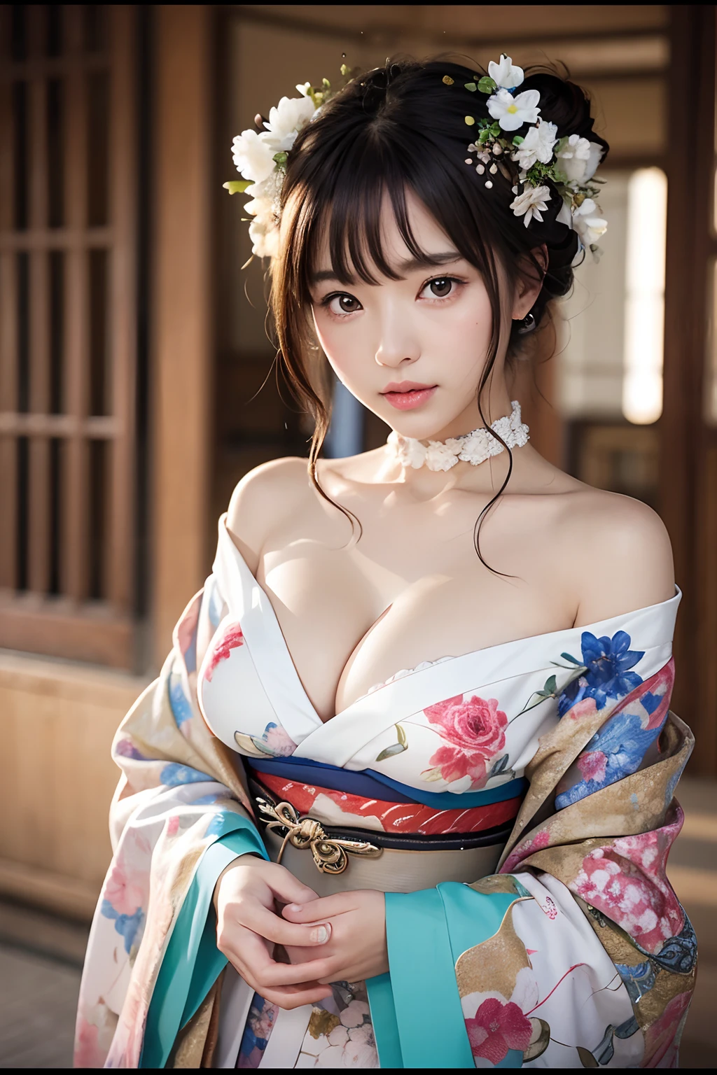 Best Quality Detail:1.2, realisitic, in 8K,nffsw, hight resolution, The ultra-detailliert, High quality textures, intricate detailes, detaileds, Very detailed CG, High quality shadows, Detail Beautiful delicate face, Detail Beautiful delicate eyes, depth of fields, Ray traching, Women over 24 years old,wearing kimonos、ultra detailed texture kimono、Paint Kimono、Paint bulbs、Exposed cleavage、A sexy、paint drops、exposed shoulder、tears、A sexy、shoulders can be seen、 seminude、Cameltoe,Photorealsitic:1.4, ultra-detailliert, photos realistic, Full Color RAW Photos, Fuji Film(Medium format:1.2), Hasselblad:1.2, Carl zeiss:1.1, Incredible dynamic range photography(UTIL_Art by Smoose-768:1.1), hight resolution, High pixel count, clear details, crisp image, Natural color reproduction, Noise Reduction, High fidelity, qulity, Software Improvements, Upscaling, Optimized algorithms, Pro-level retouching、Japan Bon Odori、