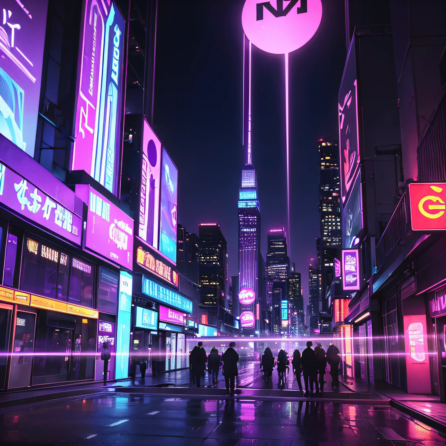 (best quality,4k,highres),ultra-detailed, violet neon lights, glowing signs, reflective surfaces, vibrant violet shades, empty streets, lonely figures, city skyline, sleek architecture, urban atmosphere, d ream-like, moody, nightmare city, urban decay, gritty, graffiti, abstract patterns, geometric shapes, blurry lights, shadows and highlights, contrast, depth of field, mysterious, nighttime glow, violet hues, violet colorful reflections, violet artificial lighting, violet lit windows, transportation lights, fast-paced, energy, metropolis, vibrant nightlife.