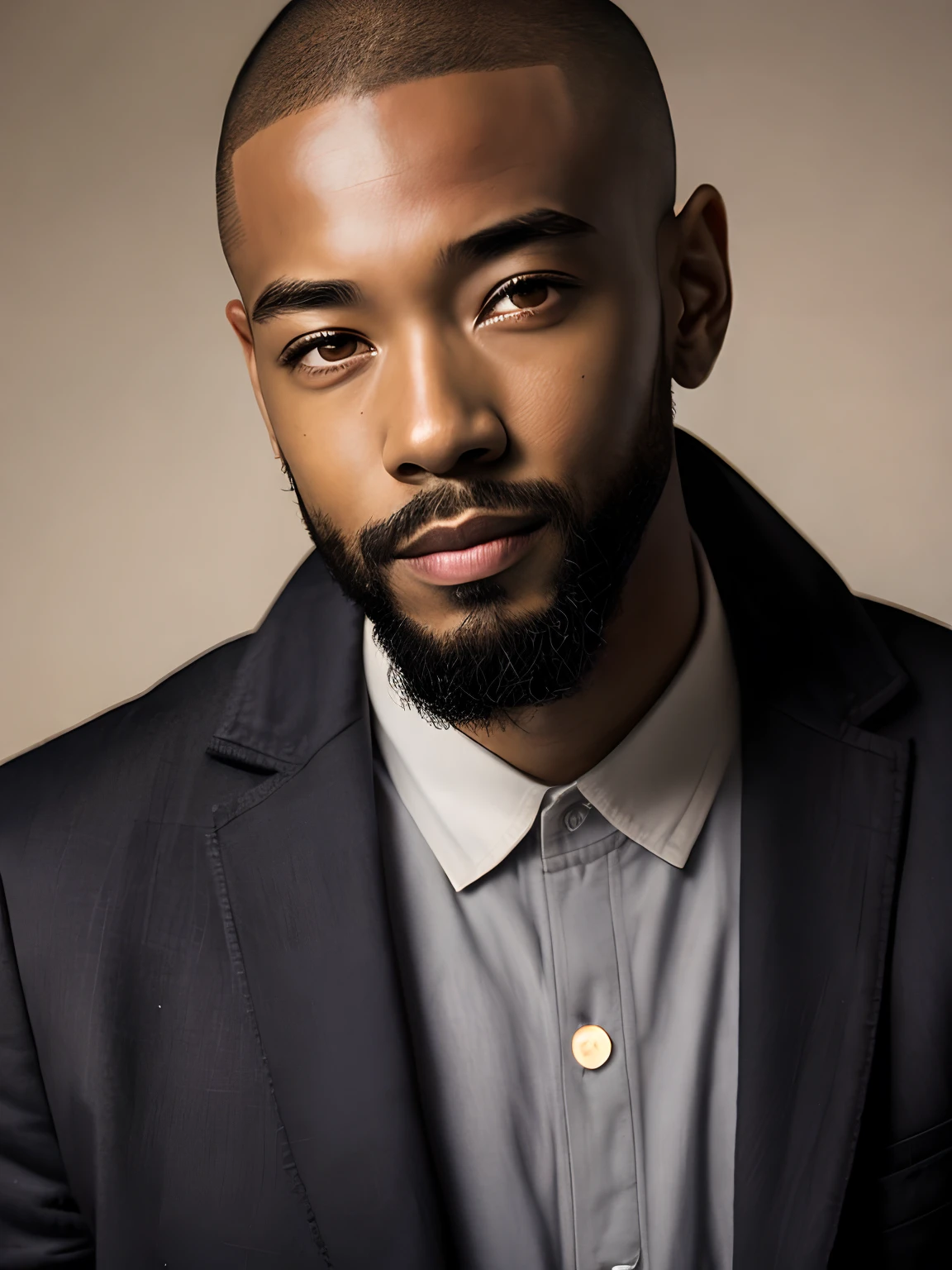 an African-American man with mischievous smirk, very beautiful but more beautiful than usual sad and wandering ((dressed in 1960's black panther black clothes)), (shy), 1 man, alone, clean shaved head with salt and pepper beard, very detailed face, ((perfect and natural brown eyes)) beautiful and penetrating, African-American features, adorable, with rosy cheeks and bright and sad eyes and to abras picaros and innocence, incredibly beautiful (Rembrandt Lighting), Zeiss lens, ultra-realistic (high detail leather: 1.2), 8k UHD, DSLR, Dramatic Rim light, high quality, Fujifilm XT3, beautiful symmetrical facece