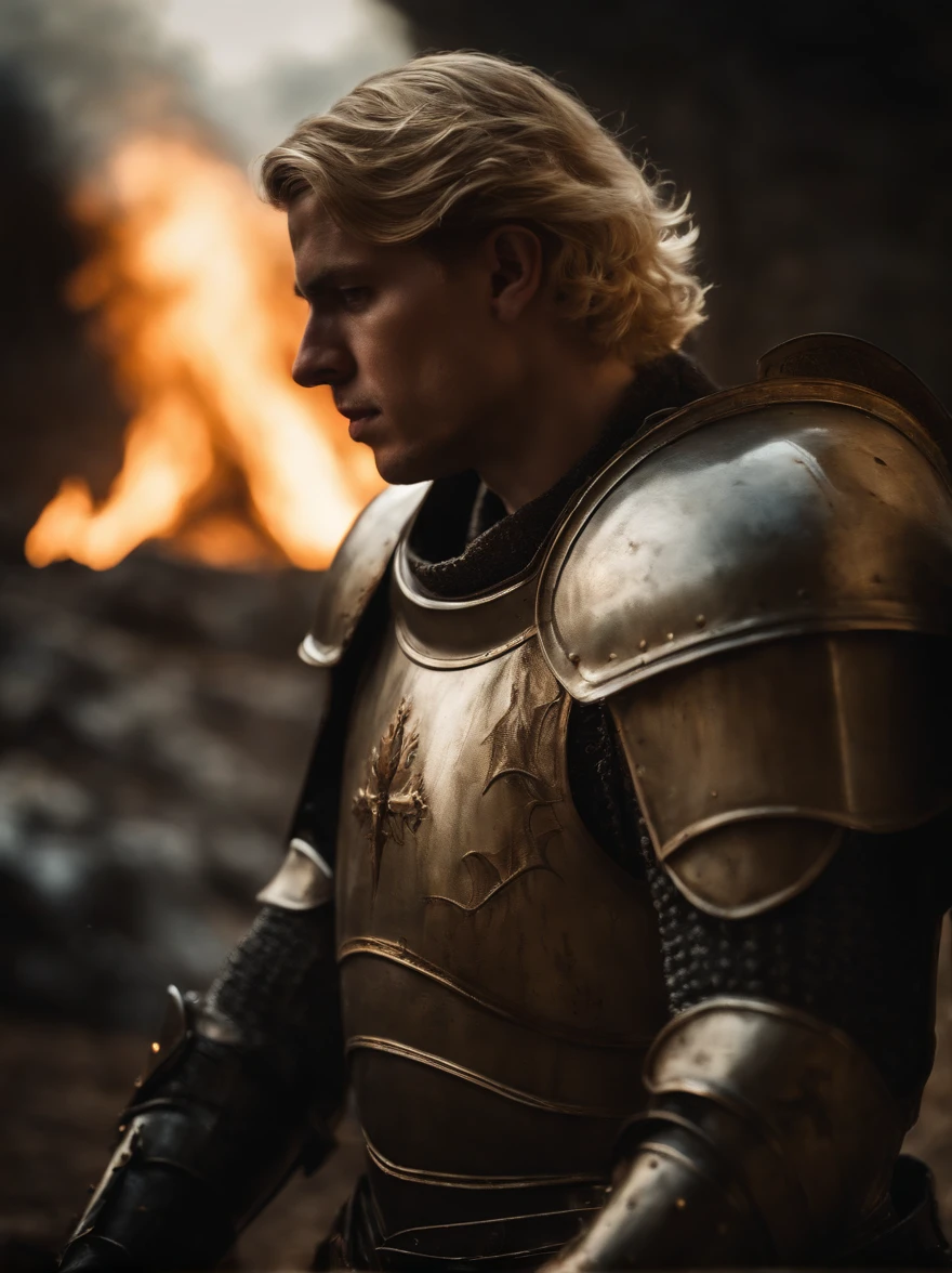 Detailed portrait of divine paladin of man with wery short blond hair, wears full armor, heavily damaged armor, burning battlefield as a backdrop, dirt, misery and decay , dark environment, art by Mschiffer, tetradic colors
