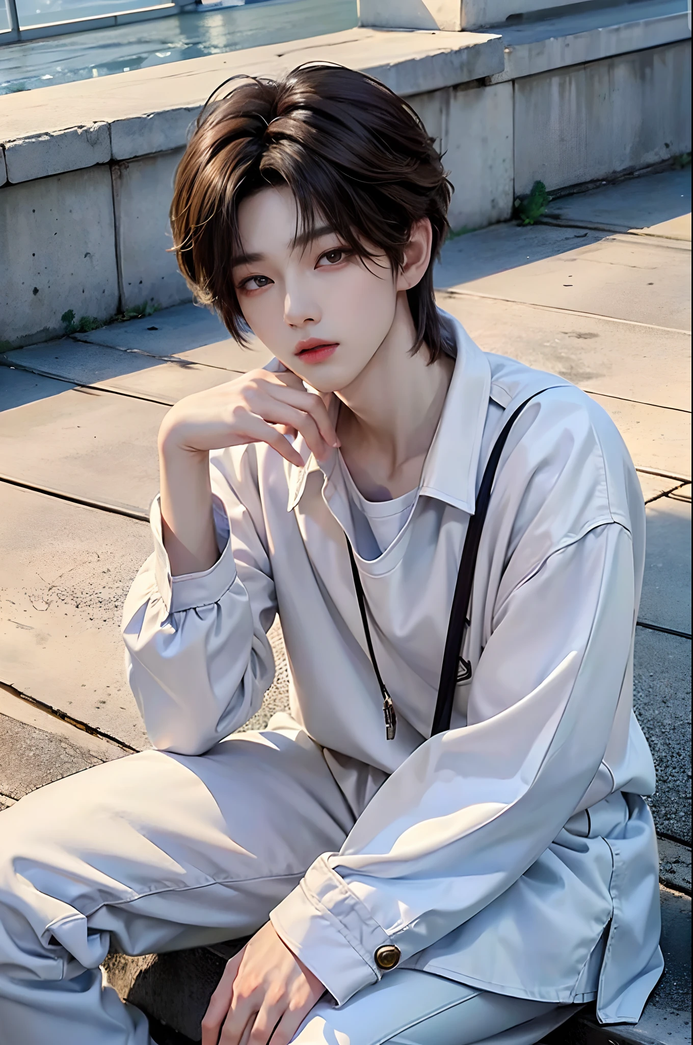 masterpiece、(top-quality)、((high-level image quality))、One Manly Boy、Slim body、((White Y-shirt and long black pants))、(Detailed beautiful eyes)、September Night Road、sitting on a curb、Face similar to Chaewon in Ruseraphim、((short hair above the ears))、((Smaller face))、((Neutral face))、((Light brown eyes))、((Korean boy))、((18year old))、((Handsome man))、((Wild look))、((Korean Makeup))、((elongated and sharp eyes))、((Sit next to the viewer))、((shot from a side angle))、((The upper part of the body))、((Close-range shooting))