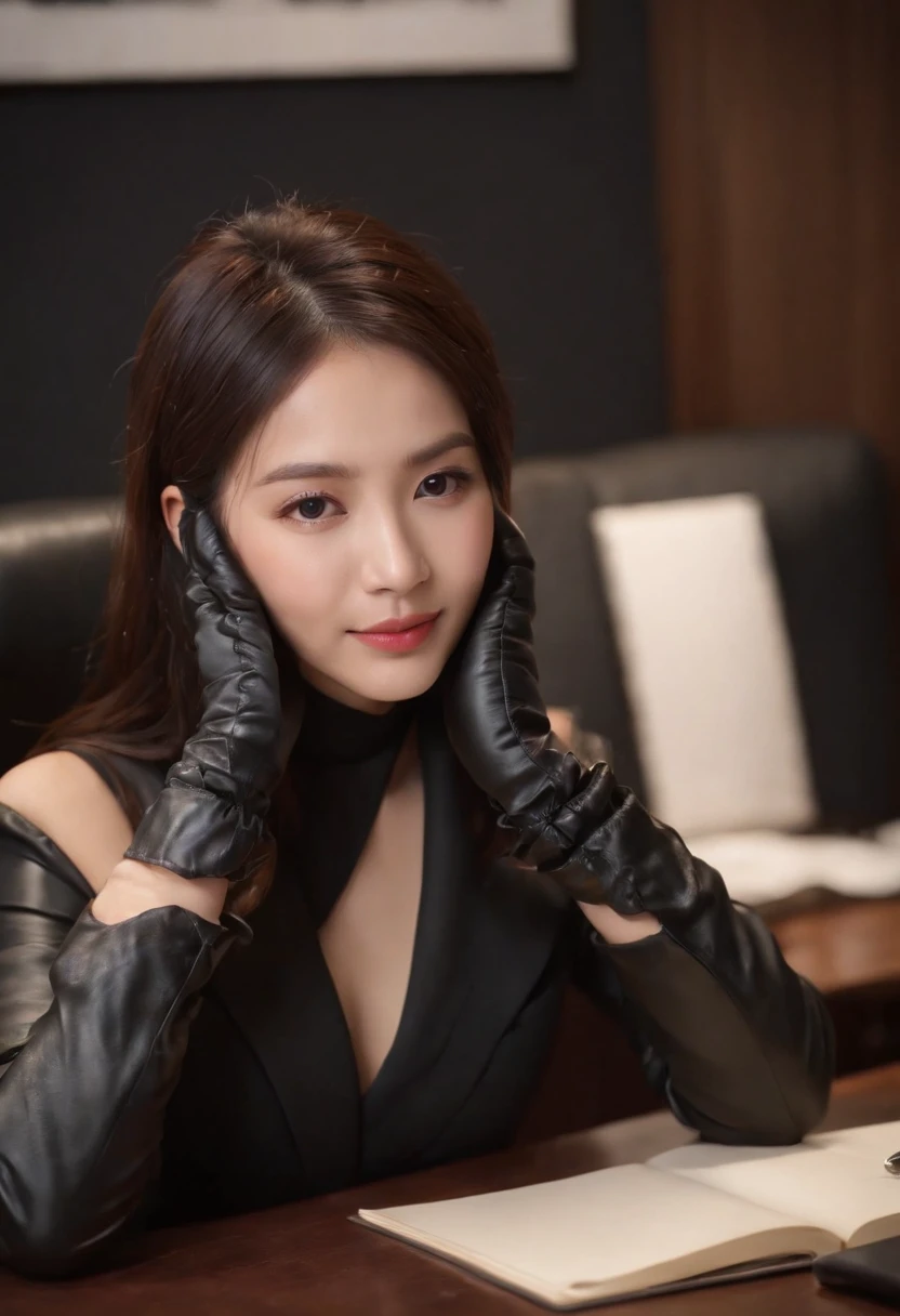 Wearing black leather gloves on both hands, Upper body, Black business suit, Facing the desk in my room with a computer in the dark, Look down and smile, Use a fountain pen to write a letter, Black hair was tied back for a long time, Still young and very cute Japan female new employee (Black leather gloves cover both hands)