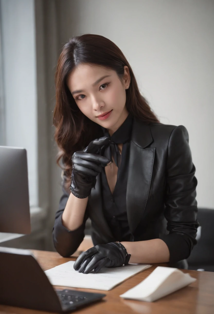 Wearing black leather gloves on both hands, Upper body, Black business suit, Facing the desk in my room with a computer in the dark, Look down and smile, Use a fountain pen to write a letter, Black hair was tied back for a long time, Still young and very cute Japan female new employee (Black leather gloves cover both hands)