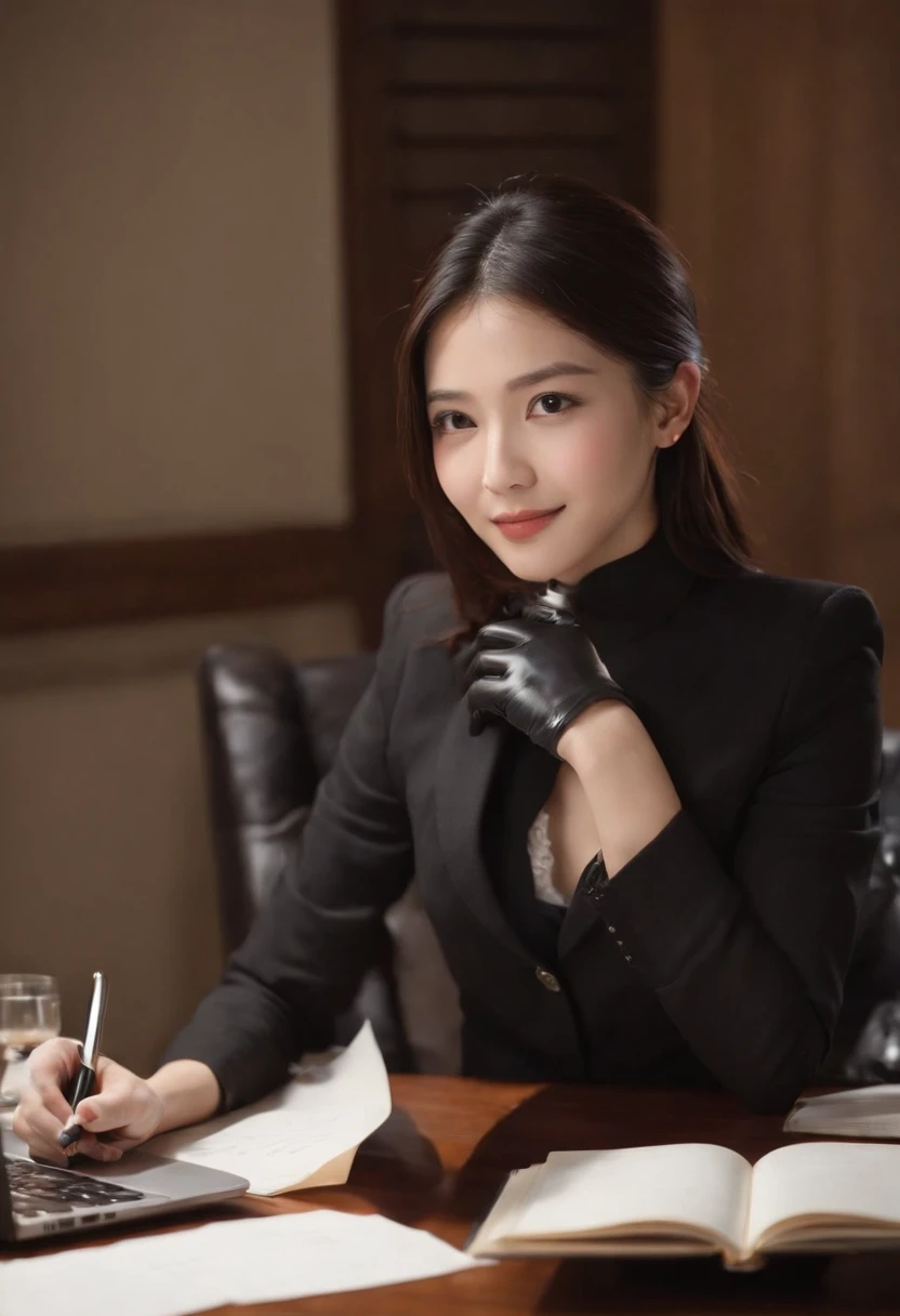 Wearing black leather gloves on both hands, Upper body, Black business suit, Facing the desk in my room with a computer in the dark, Look down and smile, Use a fountain pen to write a letter, Black hair was tied back for a long time, Still young and very cute Japan female new employee (Black leather gloves cover both hands)