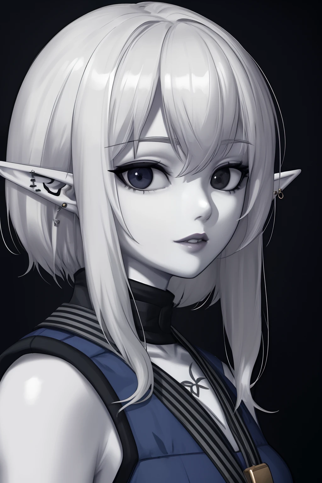 Masterpiece, high quality, (pale skin tone:1.5), elf, fit, beautiful elf, sexy elf, female, portrait, piercings, virgin, black eyes, princess, Aesthetic, pixie cut, sunny day, CG shading, Unreal engine 5, Detailed, intricate