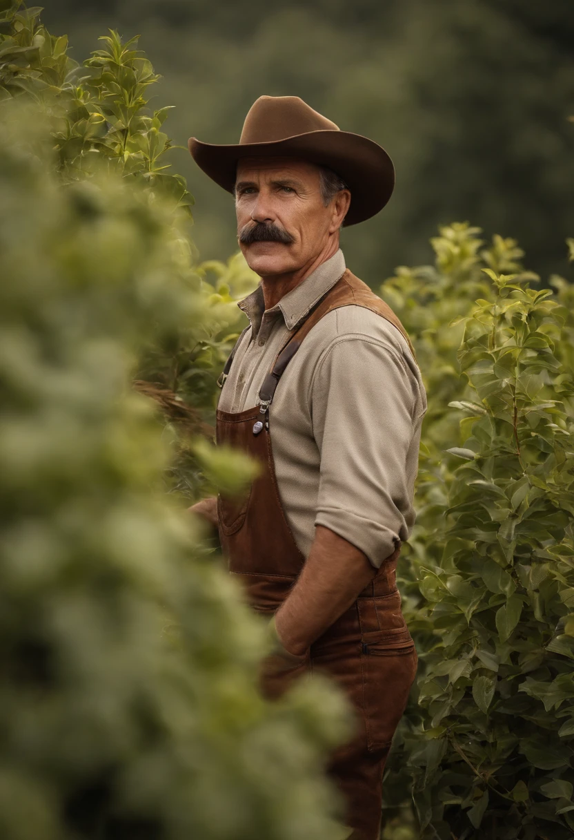 Arafed is a man in a hat and a mustache standing in front of a bush, Farmer, photo of a man, Photo of a 50-year-old white man, Male in his 40s, Middle-aged man, Tall farmer, Man from Florida, paul barson, wearing a straw hat and overalls, photo of a man, cowboy portrait of a man