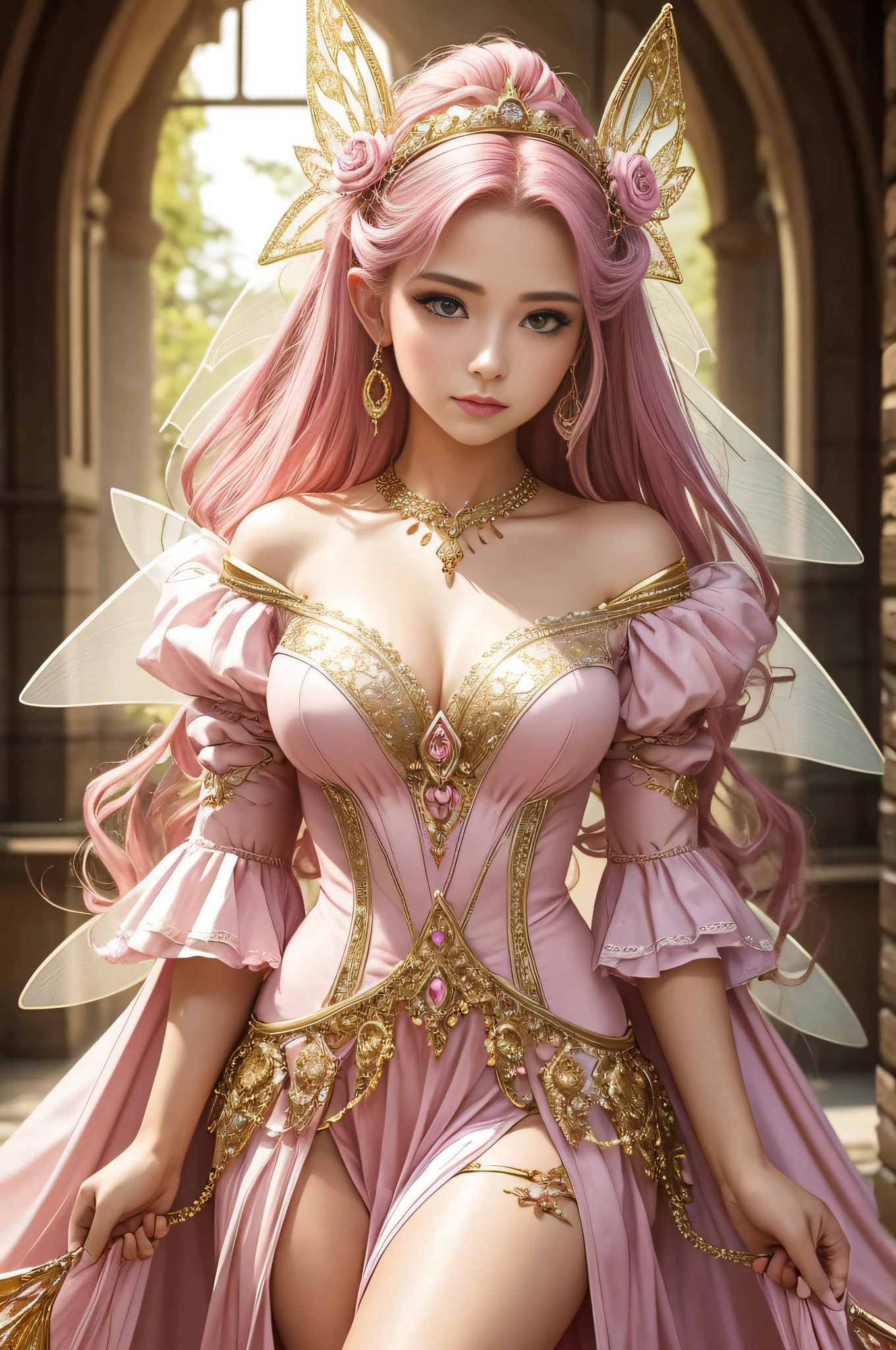 a beautiful 23 year old fairy, front view, looking directly into the camera, front position, showing all the details of her clothes, from head to toe, details in pink and gold, photographic model