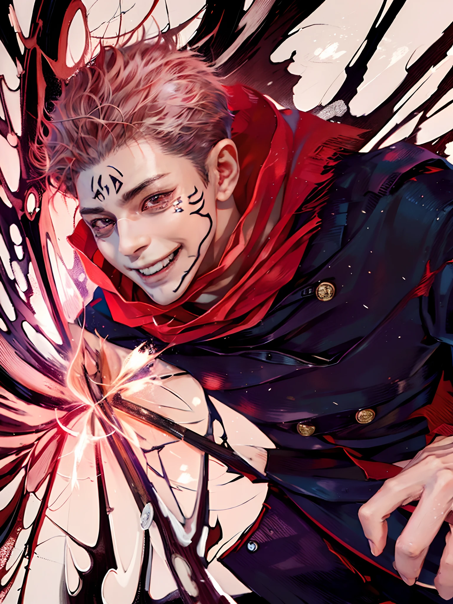 1man, itadori yu in anime jujutsu kaisen, short hair , red hair, brown light eyes, handsome, smile, purple clothes, realistic clothes, detail clothes, city background, ultra detail, realistic