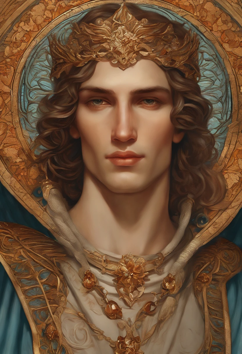 A painted portrait of a fitted Apollo, God of beauty, greek god, blonde hair, big seductive eyes, big lips, golden skin, big nose, handsome greek male, young, insanely handsome, upper body, muscular, hairy torso, fantasy, intricate, elegant, highly detailed, digital painting, art station, concept art, soft, sharp focus, illustration, art by Gaston Bussiere and Alphonse Mucha