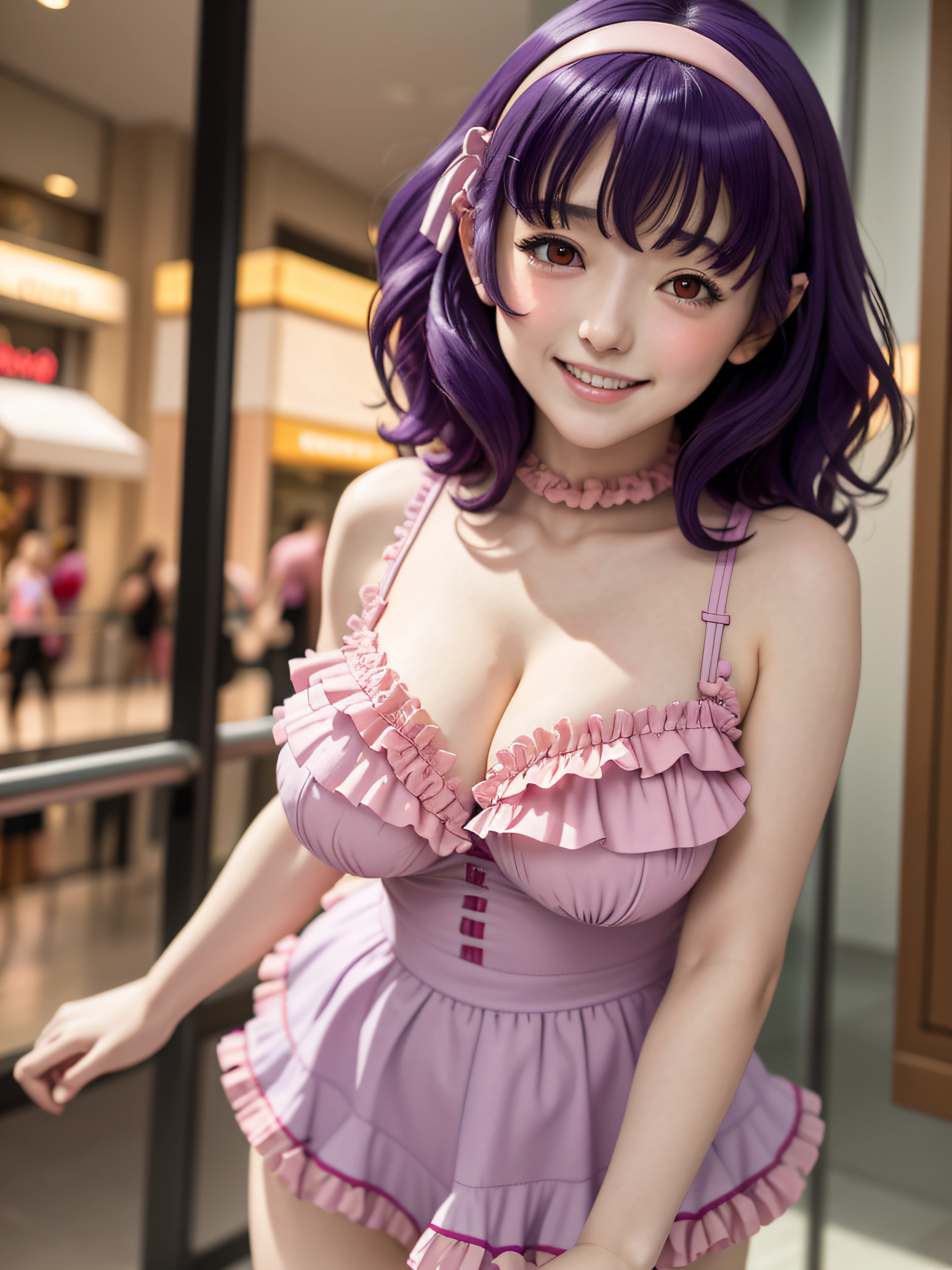 best quality, masterpiece, upper body, standing, solo focus,
1girl,yamanobe tomo, purple hair, red eyes, medium hair, huge breasts, cleavage, (frills:1.2), white frilled dress, looking at viewer, mall, (blush:1.2), happy, (crowd:0.5), hairband,