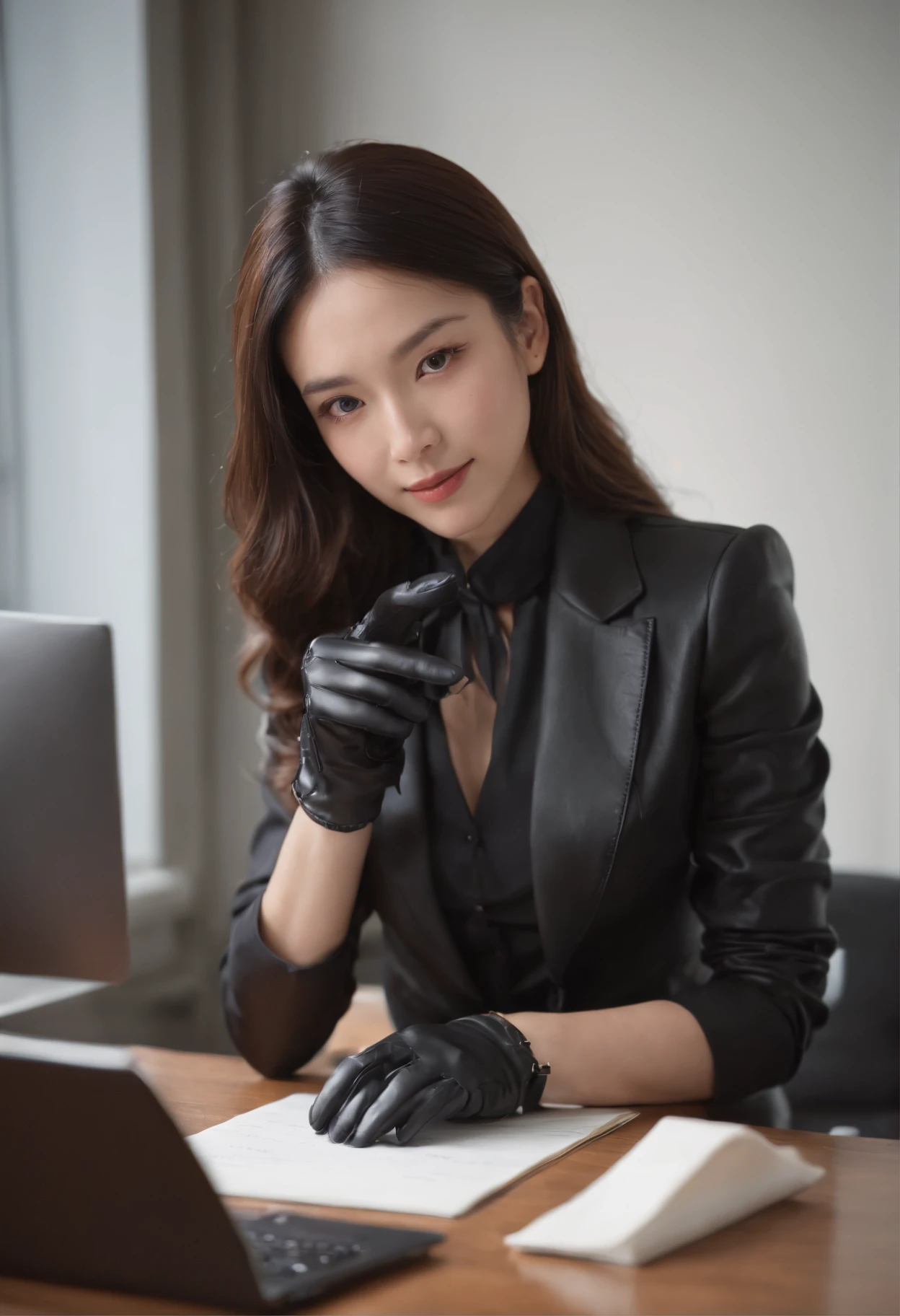 Wearing black leather gloves on both hands, Upper body, Black business suit, Facing the desk in my room with a computer in the dark, Look down and smile, Use a fountain pen to write a letter, Black hair was tied back for a long time, Still young and very cute Japan female new employee (Black leather gloves cover both hands)