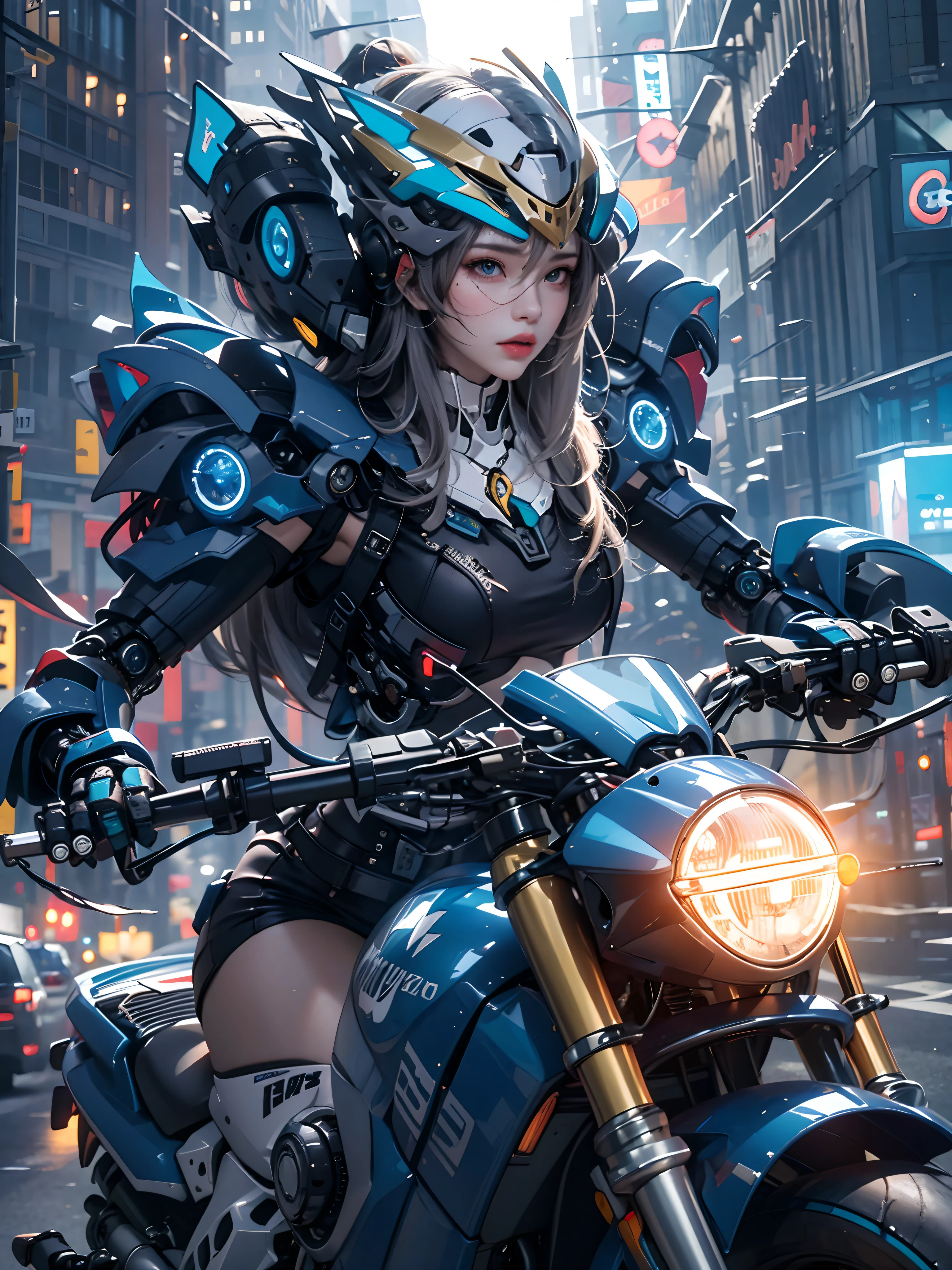 Highest image quality, outstanding details, ultra-high resolution, (realism: 1.4), the best illustration, favor details, highly condensed 1girl, with a delicate and beautiful face, dressed in a black and blue mecha, wearing a mecha helmet, holding a directional controller, riding on a motorcycle, the background is a high-tech lighting scene of the future city.