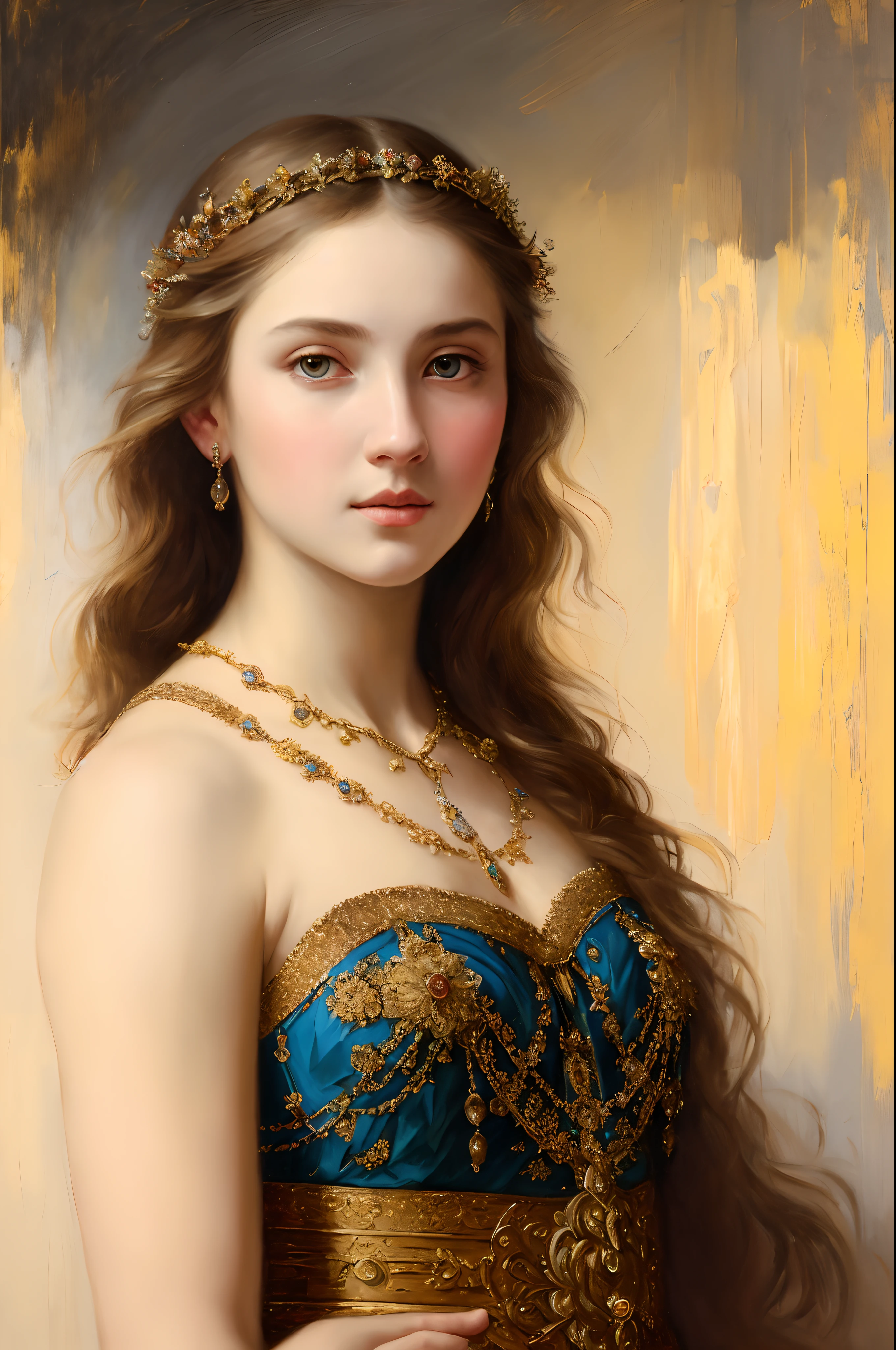 Masterpiece, portrait, girl, middle ages, classicism, andrey atroshenko style, painting, traditional media, realistic, figurative, fine art, oil on canvas, HDR, 8K, original character, high resolution, high detail, focus on the face, intricate, flawless