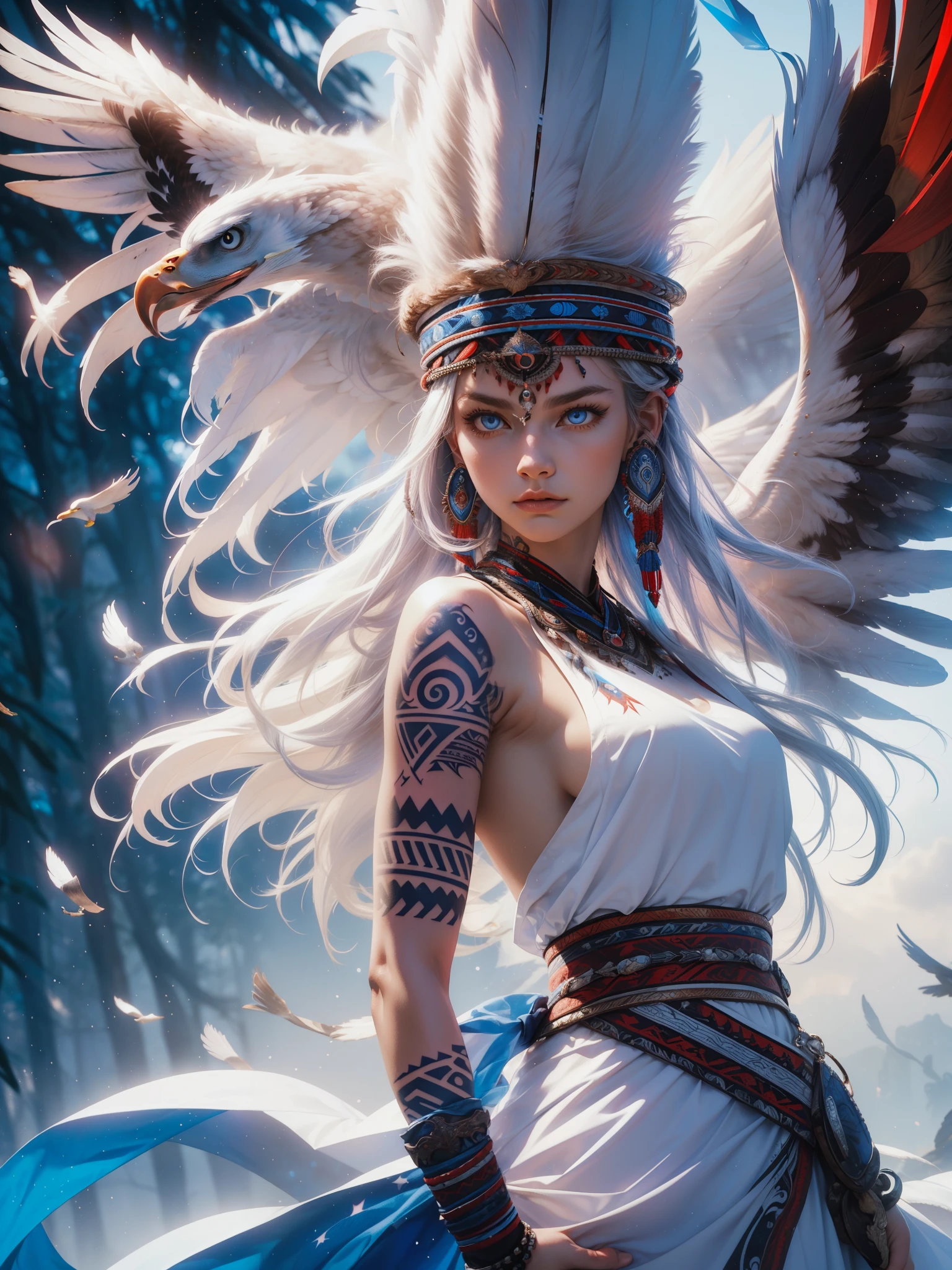 masterpiece, Cowboy shot, (1woman and white fox), (tribal dress:1.2), (beautiful blue eyes), ((tribal (Eagle) tattoo)), Red and blue colors, foggy background, dynamic pose, (looking in camera), (front view), (from below), (bokeh:1.2)