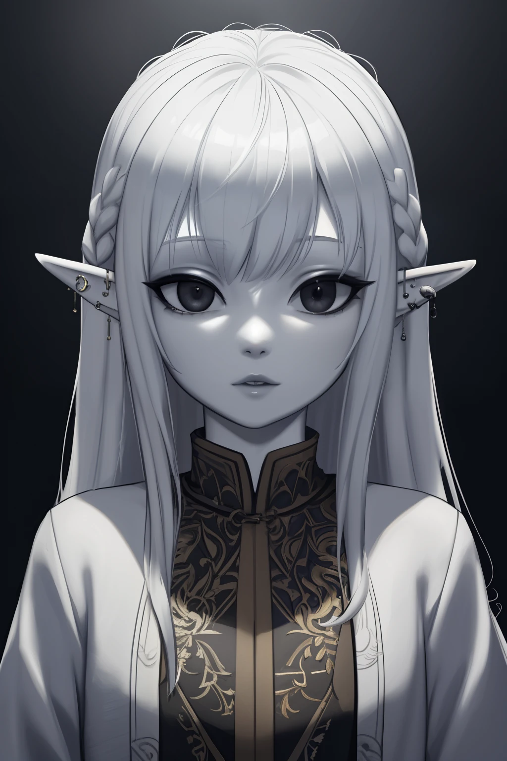 Masterpiece, high quality, (pale skin tone:1.5), elf, fit, beautiful elf, sexy elf, female, portrait, piercings, virgin, black eyes, princess, Aesthetic, pixie cut, sunny day, CG shading, Unreal engine 5, Detailed, intricate details, sharp focus, trending on artstation