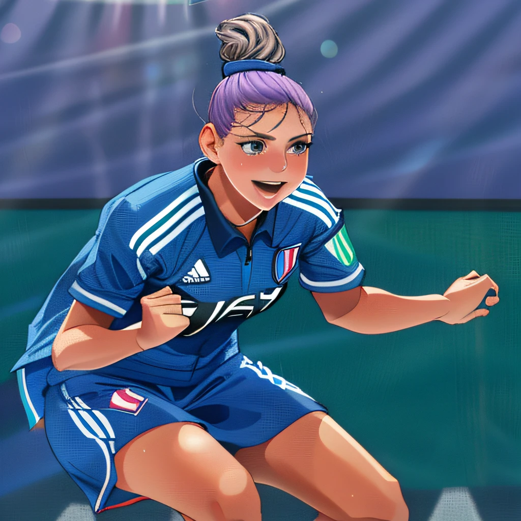 araffe woman in blue uniform celebrating a goal with her arms in the air, simona sbaffi is the captain, sanja stikovic, elena masci, niele toroni, laura sava, woman, italy, barbara canepa, adidas, marta syrko, julia sarda, mina petrovic, malika favre, magdalena radziej