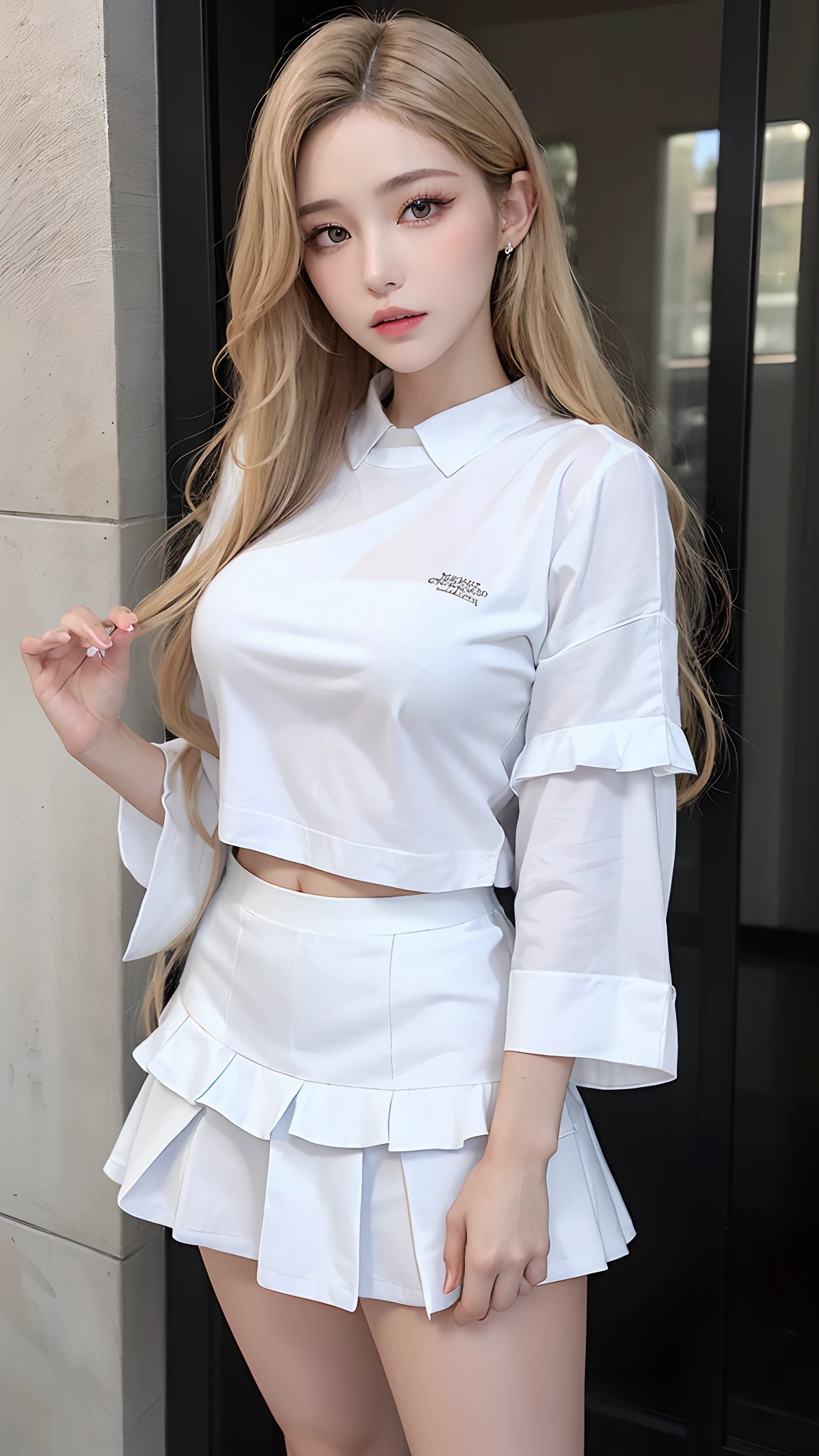 ((Best quality, 8k, Masterpiece :1.3)), Sharp focus :1.2, A pretty woman with perfect figure :1.4, Slender abs :1.3, Raw photography、超A high resolution, full body, fair white skin、shiny white skin、(wavy blonde hair)、long hair、super fine eyes, super fine hand, super fine finger、Beautiful eyes with random colors、(detailed transparent clothing), (see throught), ((detailed White tight shirt )) , very thin lips, finely detail、elongated eyes、pale pink blush、long eyeslashes、Beautiful double eyelid、Lighting that emphasizes beautiful skin、Lustrous skin 2, ((Layered long hair, Big breasts :1.2)), Open shirt show , (detailed transparent clothing), (see throught), ((detailed White tight shirt )), ((detailed face )), ((detailed tight short skirt), water shower, luxury office :1.4, Highly detailed face and skin texture, Detailed eyes, Double eyelid
