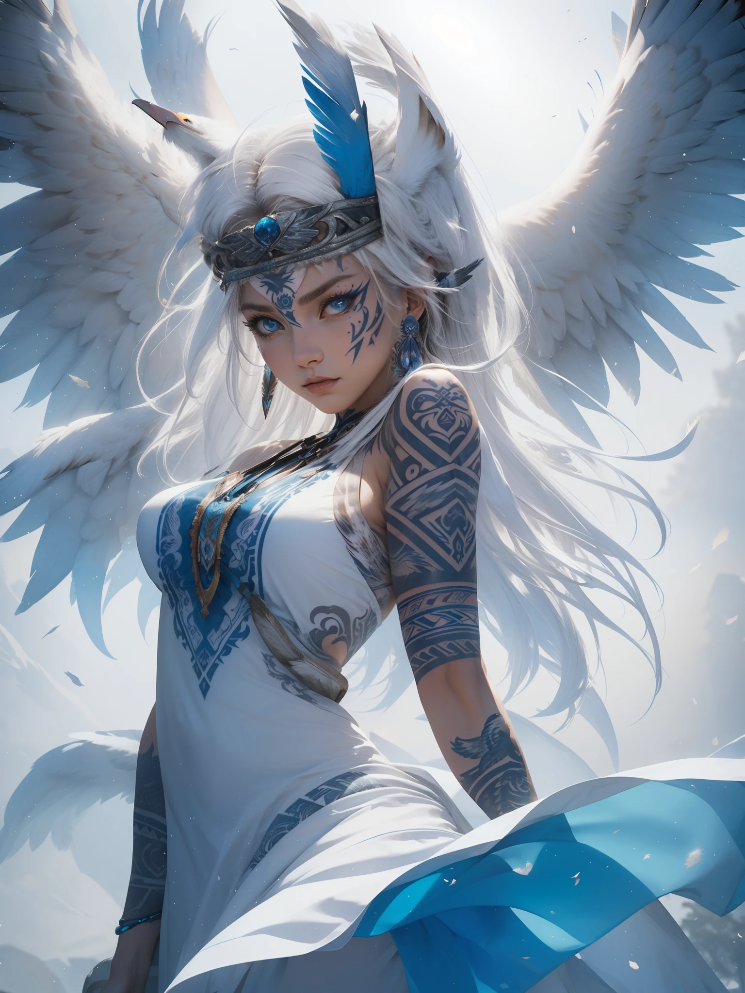 masterpiece, Cowboy shot, (1woman), (white fox), (tribal dress:1.2), (beautiful blue eyes), ((tribal (Eagle) tattoo)), white and blue colors, foggy background, dynamic pose, (looking at viewer), (front view), (from sky), (bokeh:1.2)