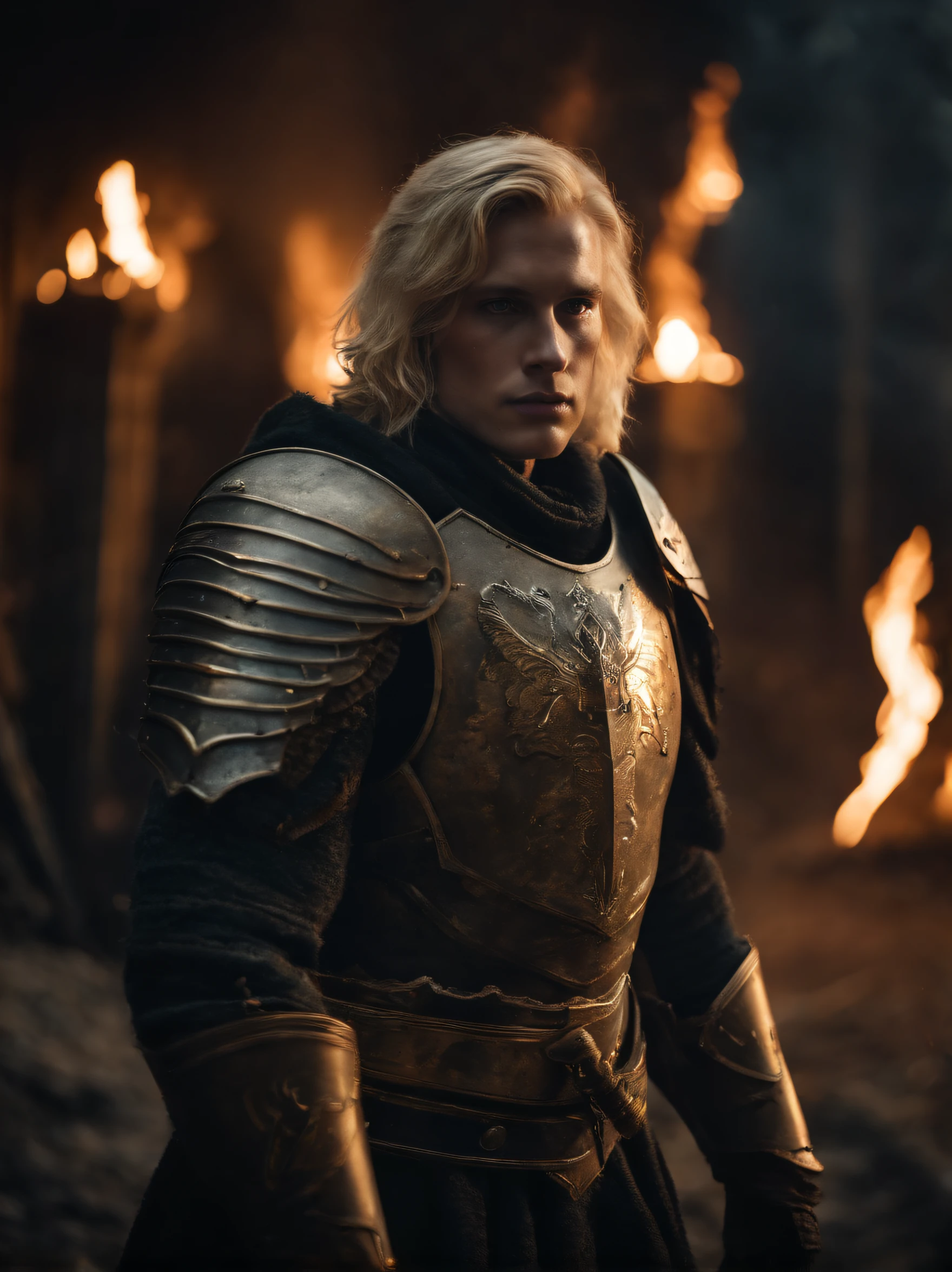 Detailed portrait of divine paladin of man with wery short blond hair, looks into the camera, wears full armor, heavily damaged armor, burning battlefield as a backdrop, dirt, misery and decay , dark environment, art by Mschiffer, tetradic colors