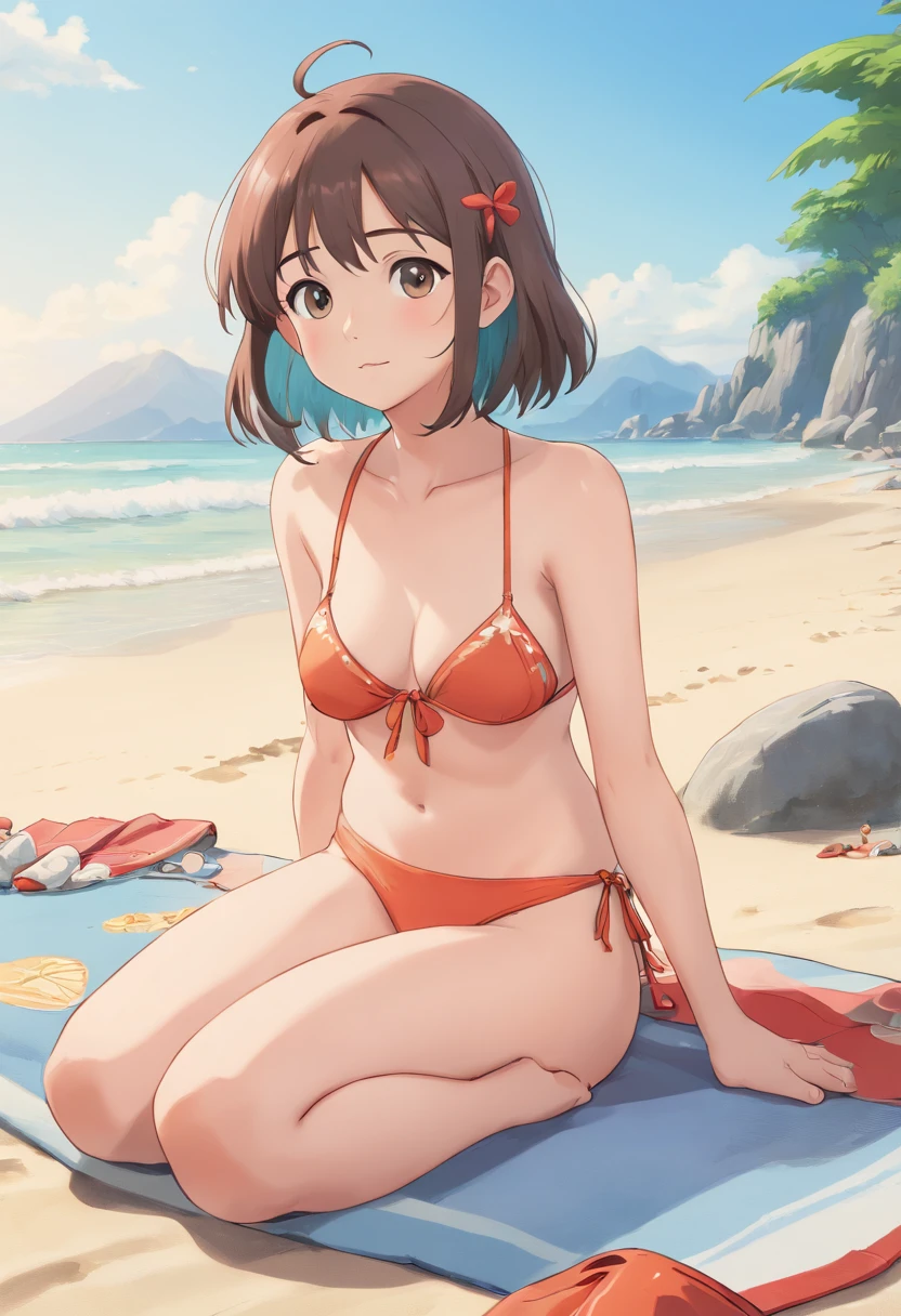 1 Girl 15 years old cute pose sitting on the Beach, bikini small tits, UHD, masterpiece, ccurate, anatomically correct, textured skin, super detail, high details, high quality, highres, best quality, 8k
