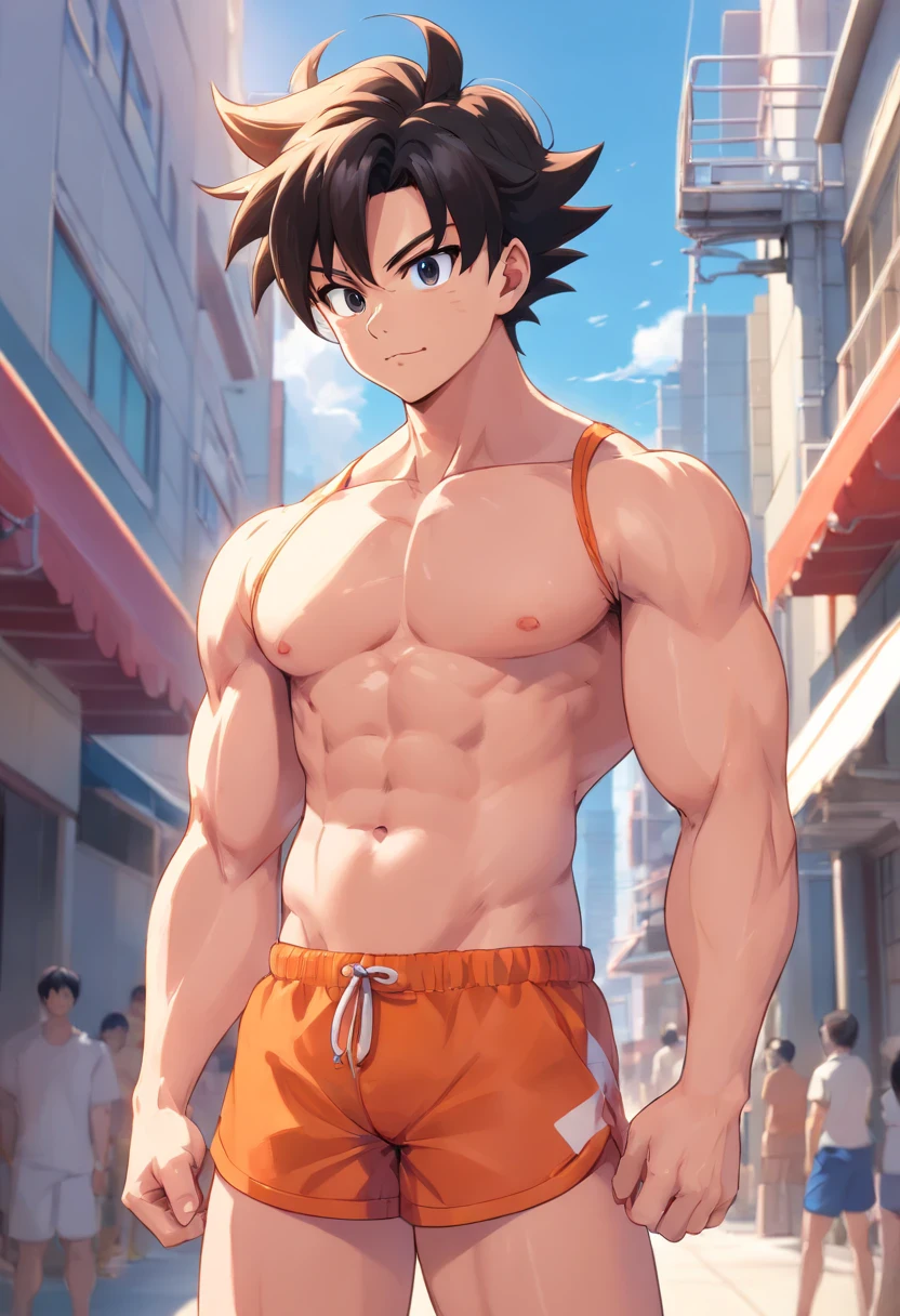 Muscle lifeguard，son goku，He was top-naked，Wear sexy white briefs：1.2，mesmerizing eyes，Tall and burly，musculous，Tall, Burly and strong， Extremely detailed depiction of faces，Exquisite facial features，super gain and cool， commission for high resolution， Attractive strong men，Leisurely basking in the sun，model poses，full bodyesbian，Thick thighs and calves，over-Tortoise Man，