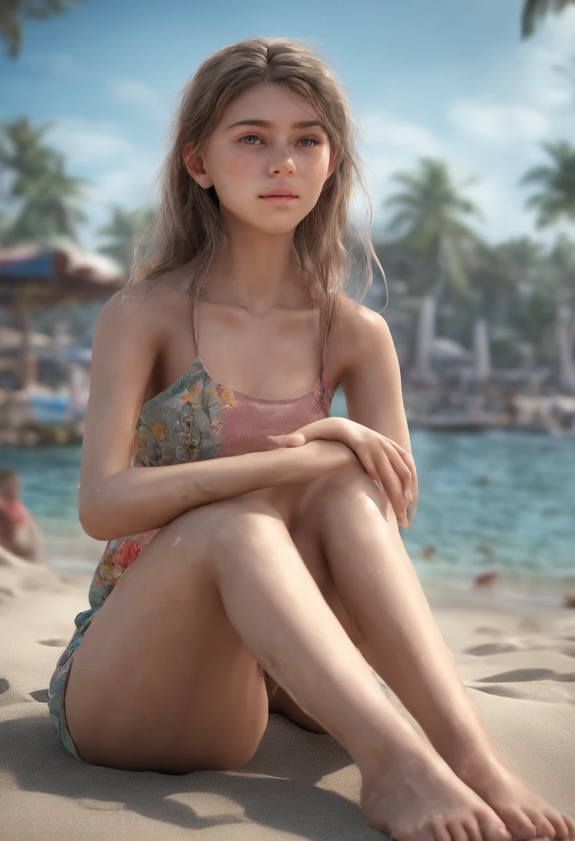 1 Girl cute pose sitting on the Beach, bikini small tits, UHD, masterpiece, ccurate, anatomically correct, textured skin, super detail, high details, high quality, highres, best quality, 8k