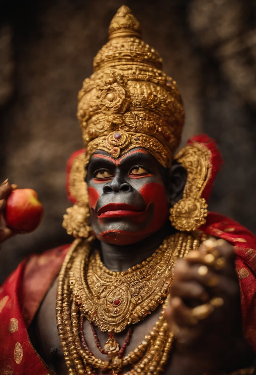 senhor Hanuman, Hindu god, Deus Macaco, alto detalhamento, master part, flying in sky, breathtaking background, Rosto detalhado, Holding an apple in your hand