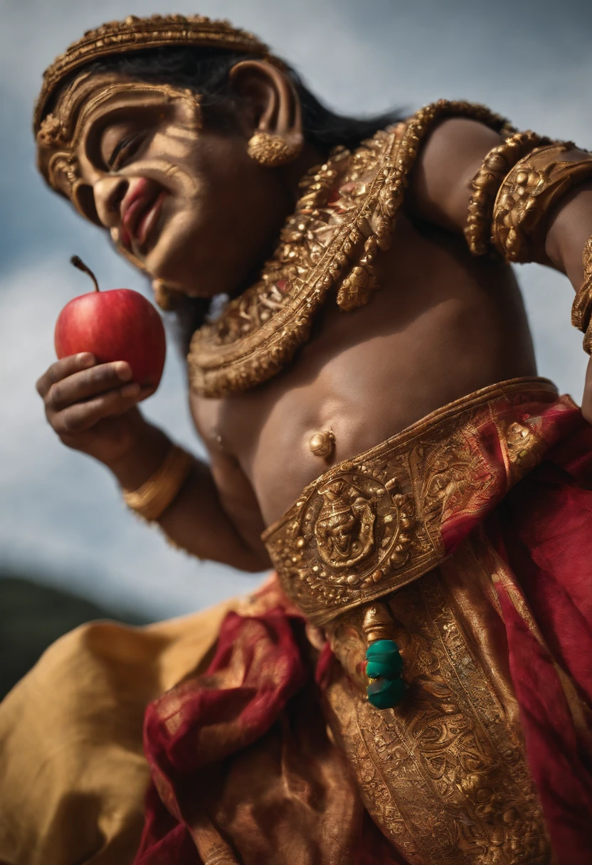 senhor Hanuman, Hindu god, Deus Macaco, alto detalhamento, master part, flying in sky, breathtaking background, Rosto detalhado, Holding an apple in your hand