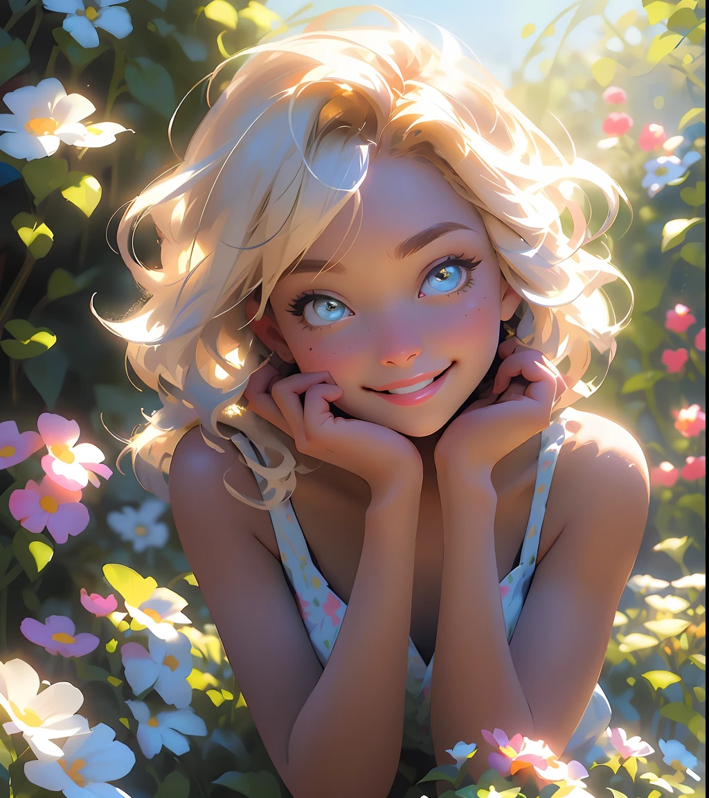 Floral girl,smiling beautiful face,detailed eyes and lips,medium:oil painting,dreamy garden background,feminine,fresh flowers,soft sunlight,best quality,highres,ultra-detailed,vivid colors,bokeh,romantic color palette,soft pastel tones,studio lighting.