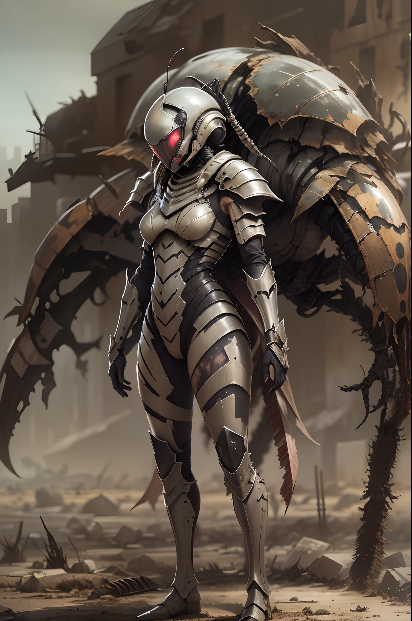 On a desolate, post-apocalyptic battlefield, an alien ant girl warrior surveys the devastation, her chitinous armor bearing scars from countless battles. The stark contrast of her fragile insectoid features and the harsh, war-torn landscape evokes a sense of melancholy and hope for a new beginning.