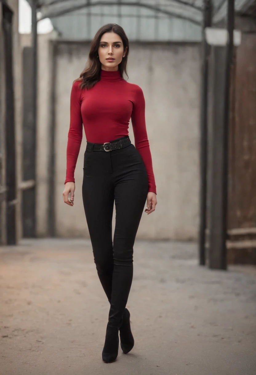 emilisia gomezi, tall, gorgeous, spanish descent, age 23, smooth skin, black hair. red color turtle neck, black fitting pants, simple silver necklace, working at the underground base, highly detailed, well lit, 8k, reviewing artifacts, holding a long whip. amazing detail, slim curvy, tall, wearing red, cleavage