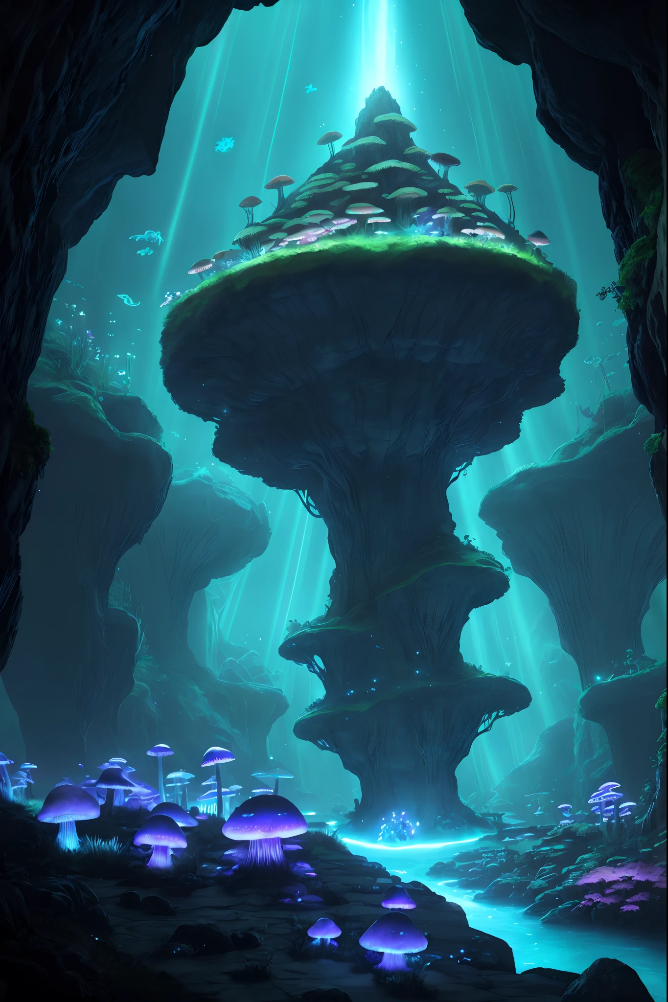 "Deep within an ancient cavern, explorers stumble upon a subterranean realm, where colossal mushrooms tower over phosphorescent lagoons, their caps glowing with an ethereal light. Bioluminescent insects flit through the air, leaving trails of living light, and amphibious creatures with iridescent scales navigate the subterranean waters, singing hauntingly beautiful songs that resonate through the stone chambers."