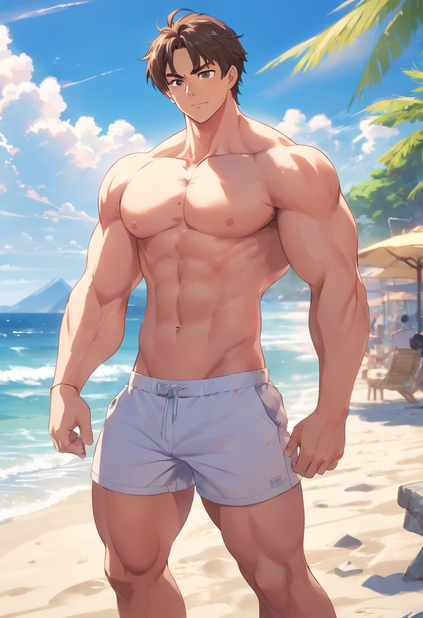 Muscle lifeguard，son gohan，He was top-naked，Wear sexy white briefs：1.2，mesmerizing eyes，Tall and burly，musculous，Tall, Burly and strong， Extremely detailed depiction of faces，Exquisite facial features，super gain and cool， commission for high resolution， Attractive strong men，Leisurely basking in the sun，model poses，full bodyesbian，Thick thighs and calves，over-Tortoise Man，