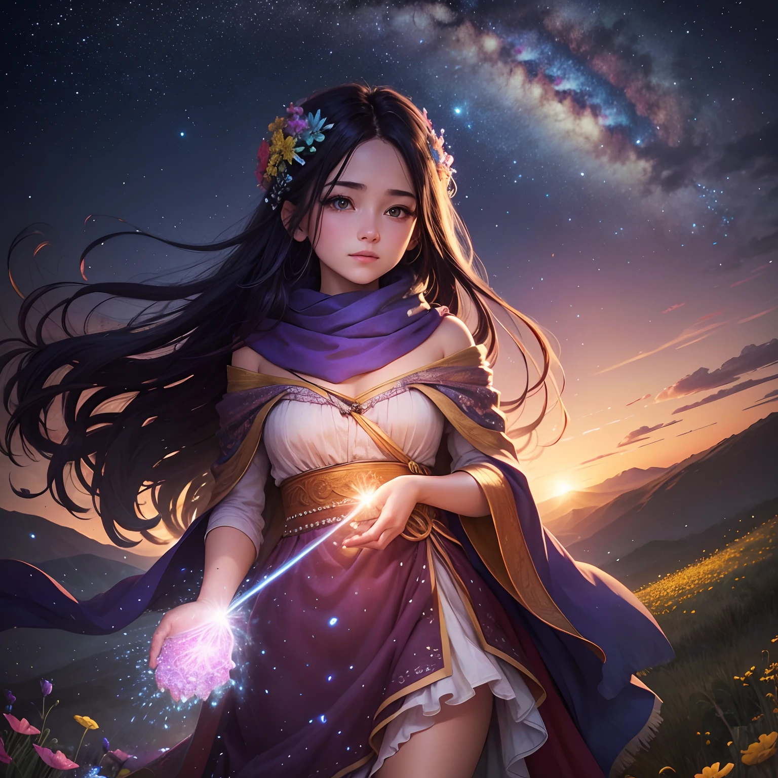 Rainbow-colored particles falling from the night sky on a hill where wildflowers bloom, and a woman scooping up the fantastic particles with her palm. A beautiful face and shining eyes of vivid colors. She wears a rustic dress and shawl. A hill at night with a natural vantage point. Detailed drawing. Vivid colors. High image quality. --s 1000 --ar 4:5 --niji 5