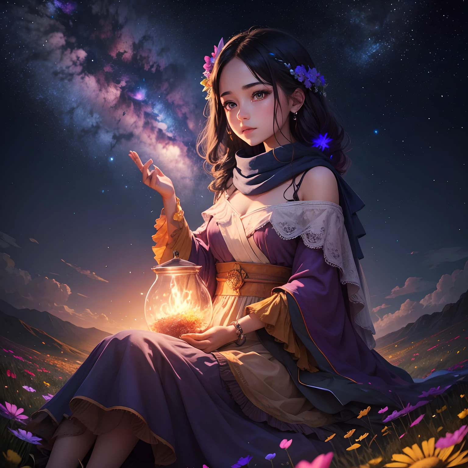 Rainbow-colored particles falling from the night sky on a hill where wildflowers bloom, and a woman scooping up the fantastic particles with her palm. A beautiful face and shining eyes of vivid colors. She wears a rustic dress and shawl. A hill at night with a natural vantage point. Detailed drawing. Vivid colors. High image quality. --s 1000 --ar 4:5 --niji 5