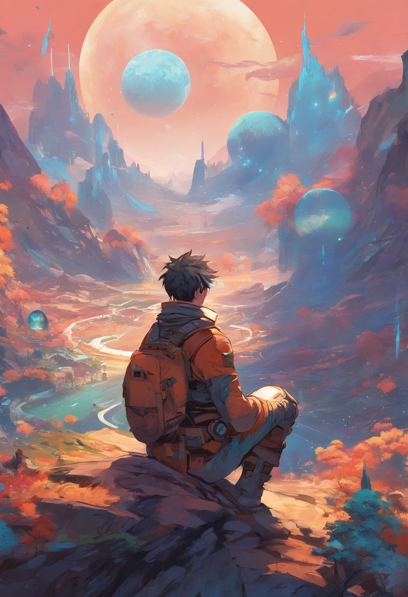anime guy sitting on the ground looking at the planet, space cowboy, cyber space cowboy, inspired by Josan Gonzalez, makoto shinkai ( apex legends ), akira artstyle, ross tran style, akira vibes, akira art style, floating beside planets, josan gonzales, sci - fi art!!!!!!!, josan gonzales!!!, in space, modern sci-fi anime
