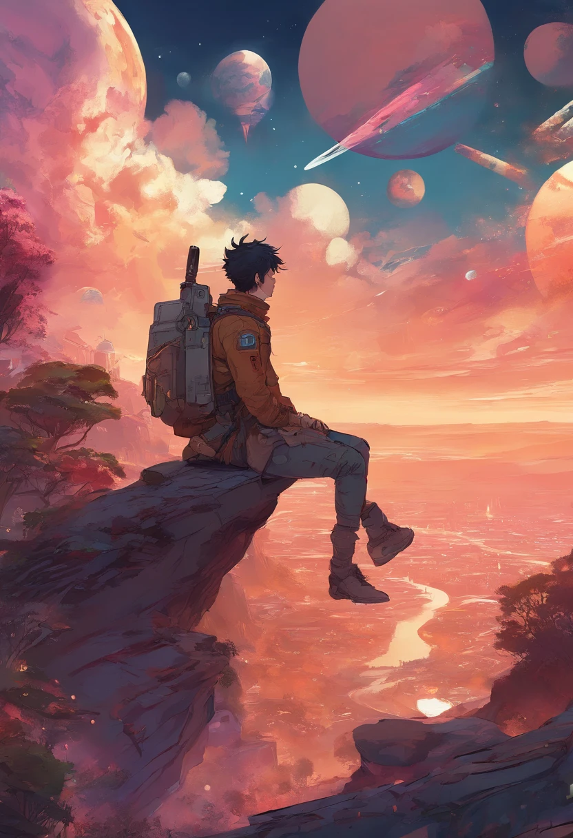 anime guy sitting on the ground looking at the planet, space cowboy, cyber space cowboy, inspired by Josan Gonzalez, makoto shinkai ( apex legends ), akira artstyle, ross tran style, akira vibes, akira art style, floating beside planets, josan gonzales, sci - fi art!!!!!!!, josan gonzales!!!, in space, modern sci-fi anime