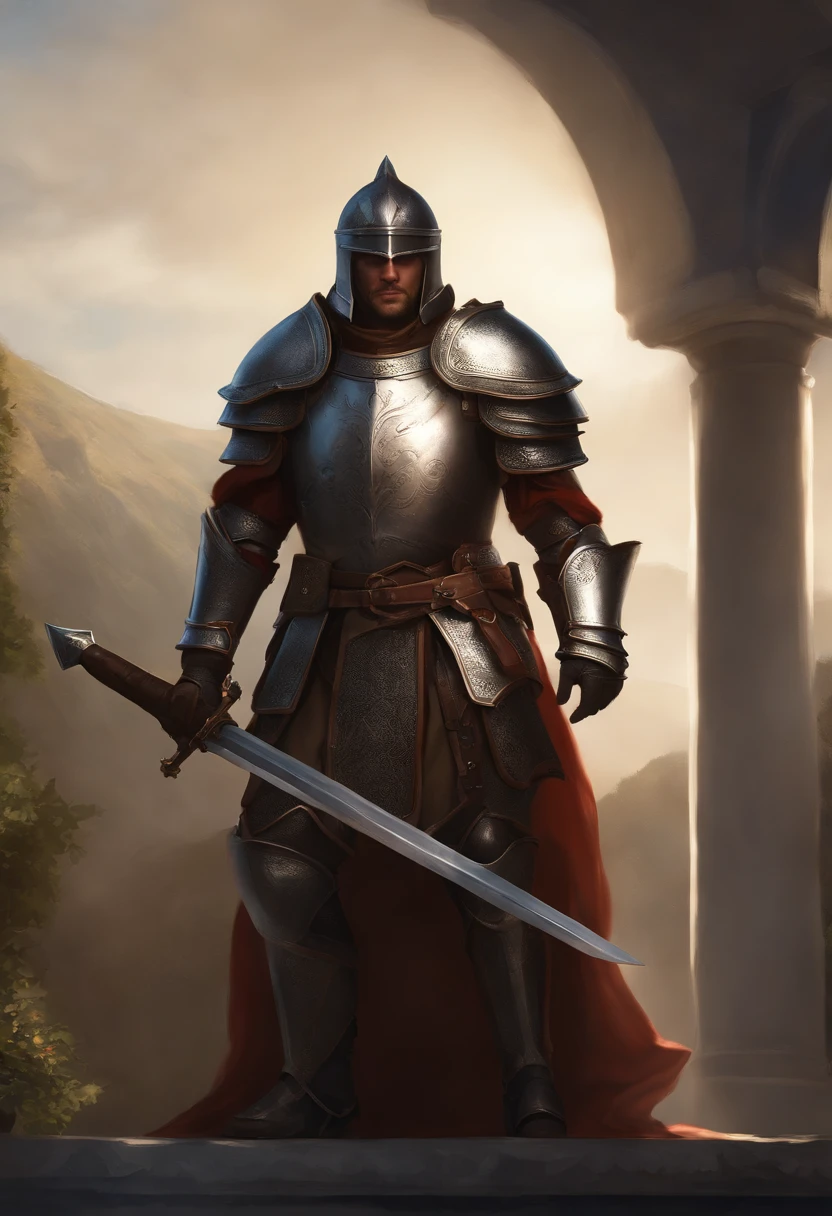 Original Character, Fantasy Concept Art, Volumetric Lighting, Best Shadows, Shallow Depth of Field, Portrait Of Noble Knight Man, Dignified, Delicate Tactical Heavy Armor, Opaque Visor, Face Armor, Pauldrons, Tasset Belt, Gauntlet, Poleyn, High Quality Armor Texture, Broad Shoulders, Extremely Tall. Sword Scabbard, Standing Tall, Crossed Arms, Looking At Viewer, Glaring Sunlight, Rose Garden, Rose Thornbush, (Highest Quality, Amazing Details:1