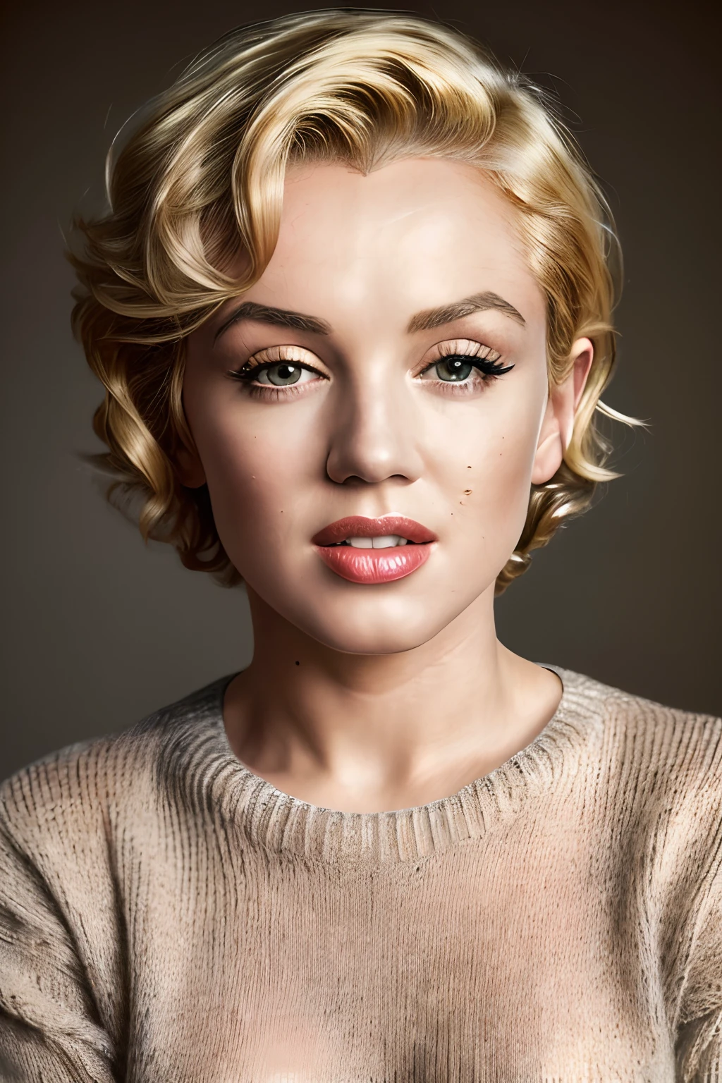 (masterpiece:1.3), (8k, photorealistic, RAW photo, best quality: 1.4), (Marilyn Monroe, beautiful face, (realistic face), (short hair:1.3), beautiful hairstyle, realistic eyes, beautiful detailed eyes, (realistic skin), beautiful skin, (sweater), absurdres, attractive, ultra high res, ultra realistic, highly detailed, golden ratio