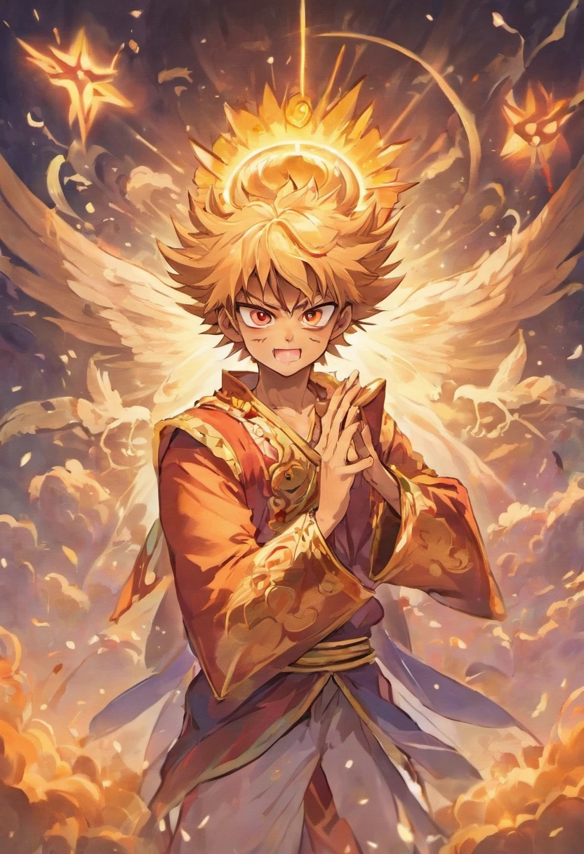 senhor Hanuman, Hindu god, Deus Macaco, alto detalhamento, master part, flying in sky, breathtaking background, Rosto detalhado, Holding an apple in your hand