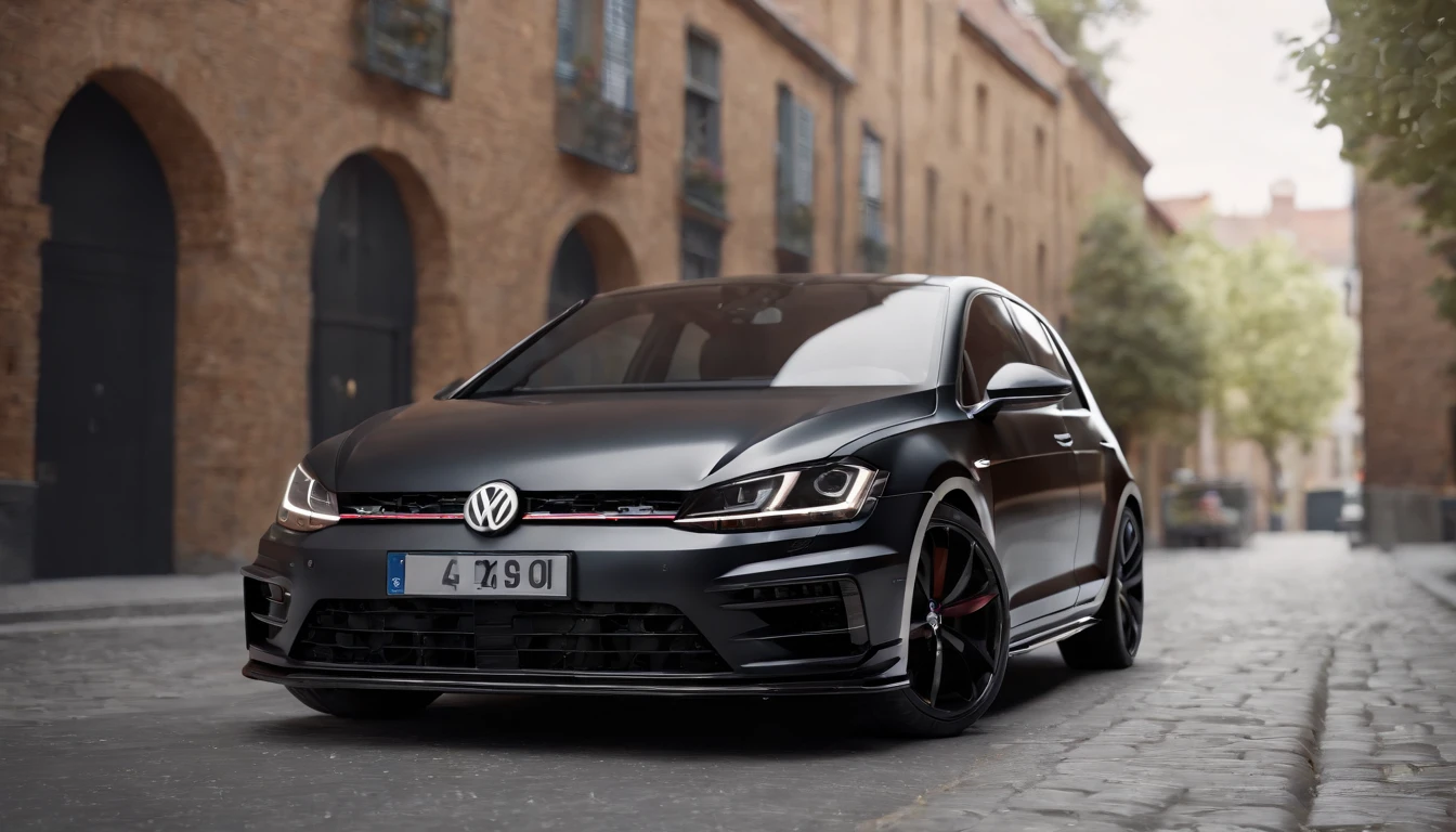 a close up of a black bagged 2024 Volkswagen Golf 7R, hyper real render, 8 k cg render, angry 8 k, 8k render”, 8 k render, 8k render, wide body, hyper realistic style, in game style 8k, 8k octane 3d render, 8k in the style, 8k octane rendered, realistic cars