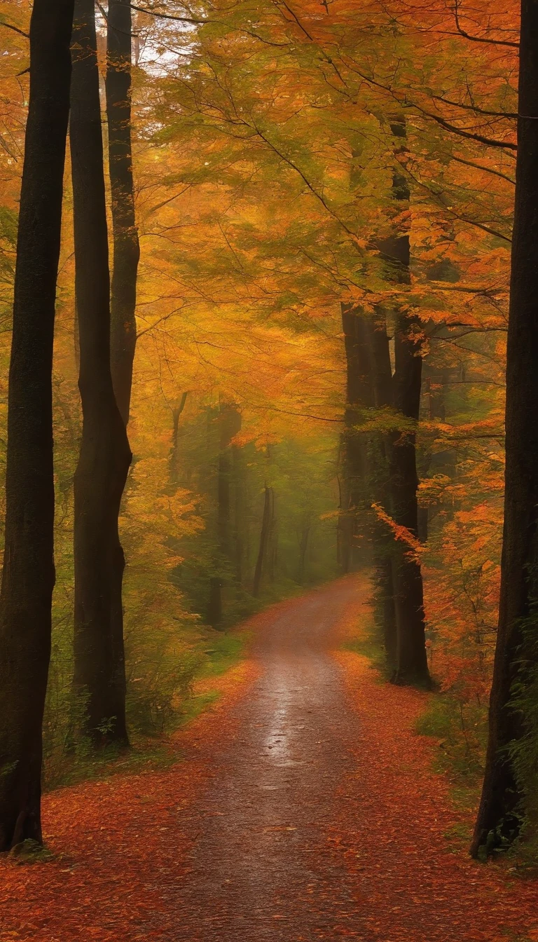 rainy days，Forest path，autumnal，falling leaf