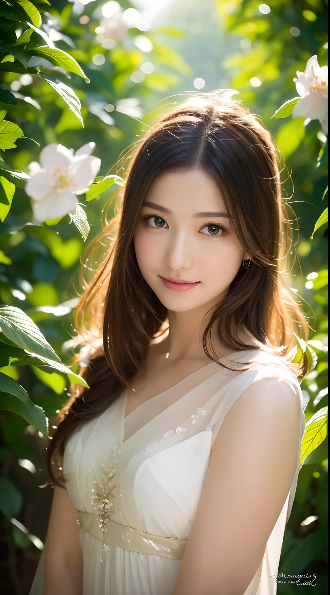 (Best quality,4K,A high resolution,Ultra-detailed,Realistic:1.37),Vivid colors,Sunlight,llight rays,bergamot,white blossoms,Beautiful girl,Exquisite features,Flowing hair,Serene expression,Garden setting,Elaborate dress,Soft sunlight,Gentle breeze,Cheerful ambiance,Backlit scene,a hint of smile,ethereal glowing,Fresh in the morning,Long shadows,harmony of nature,subtle reflections,Natural beauty,Twinkling dewdrops,Clear detail,serenity and calm,Sublime ingredients,Arrive at the branch,whispering leaves,Aromatherapy petals,with light glowing,Sparkling highlights,Subtle shadows,Soft focus,Sublime beauty,Whisper natural,Fantastical Atmosphere,Illuminated background.
