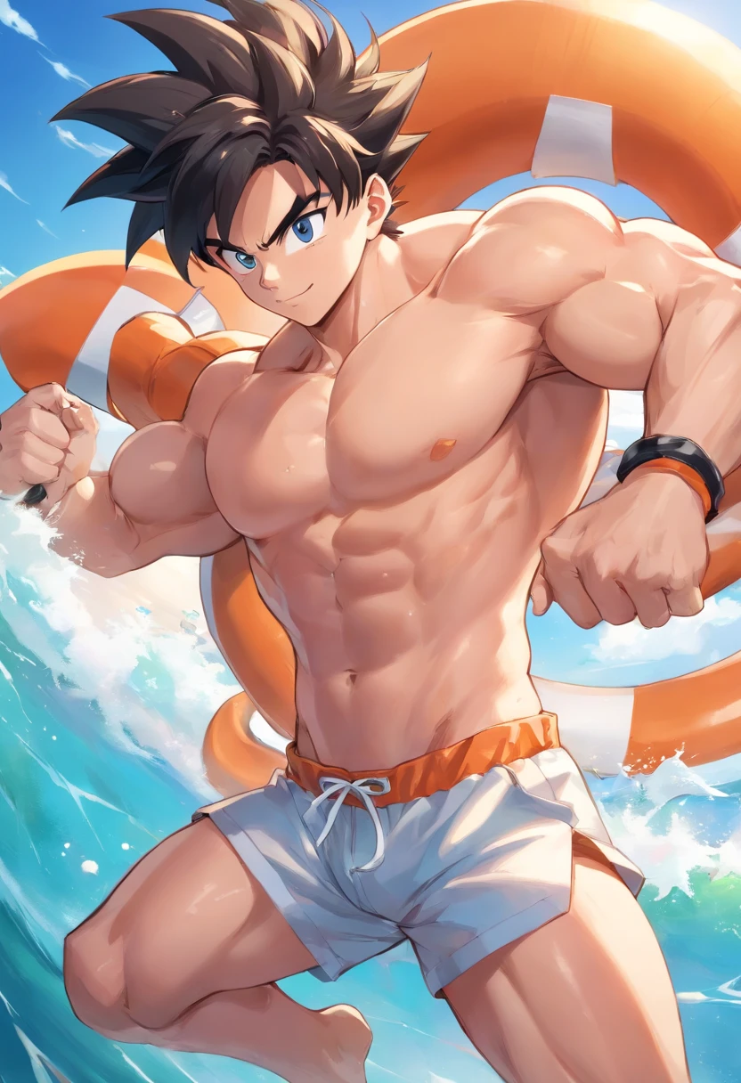 Muscle lifeguard,son gohan, son goku,He was top-naked,Wear sexy white briefs:1.2,mesmerizing eyes,Tall and burly,musculous,Tall, Burly and strong, Extremely detailed depiction of faces,Exquisite facial features,super gain and cool, commission for high resolution, Attractive strong men,Leisurely basking in the sun,model poses,full bodyesbian,Thick thighs and calves,over-Tortoise Man,
