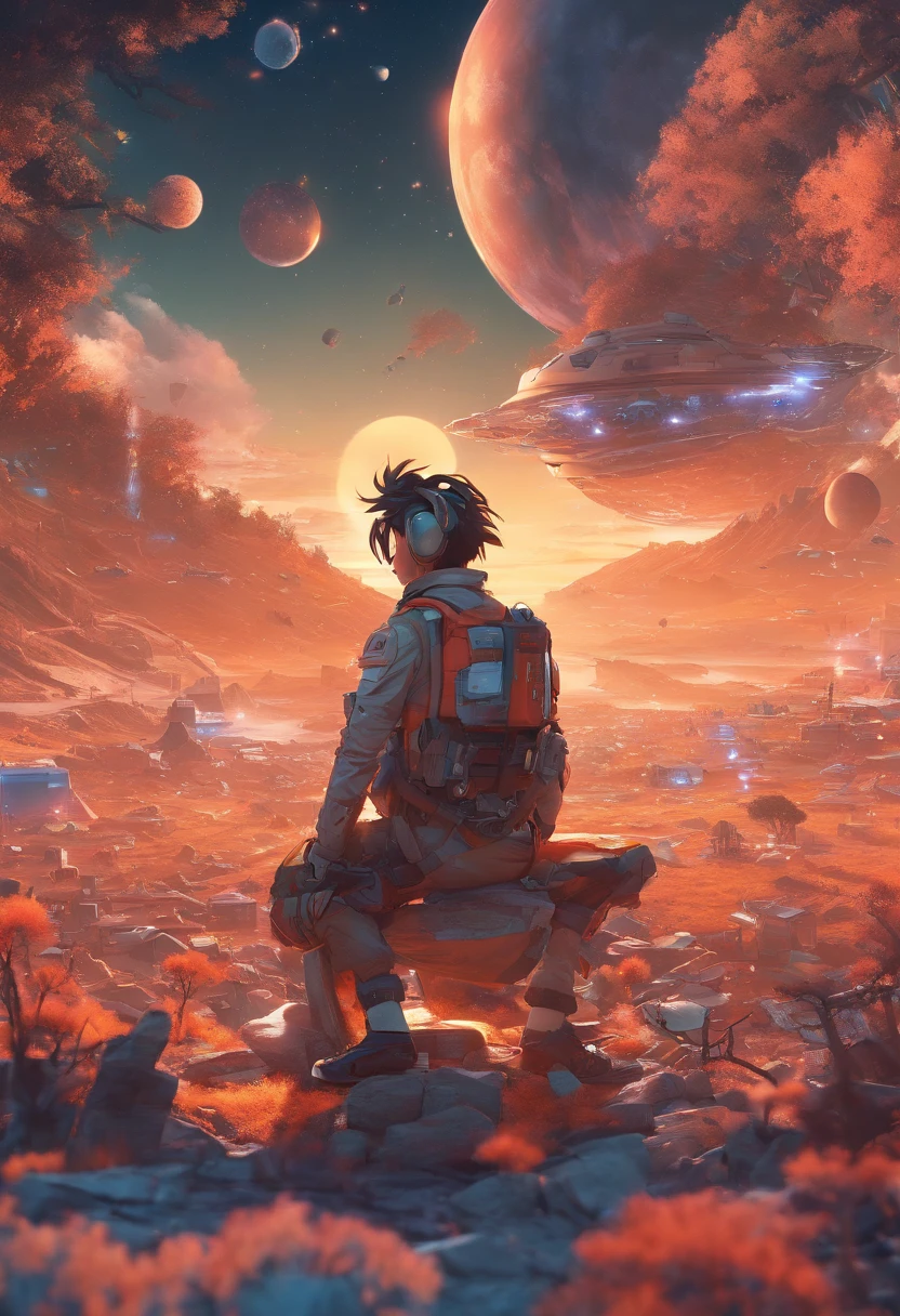 anime guy sitting on the ground looking at the planet, space cowboy, cyber space cowboy, inspired by Josan Gonzalez, makoto shinkai ( apex legends ), akira artstyle, ross tran style, akira vibes, akira art style, floating beside planets, josan gonzales, sci - fi art!!!!!!!, josan gonzales!!!, in space, modern sci-fi anime
