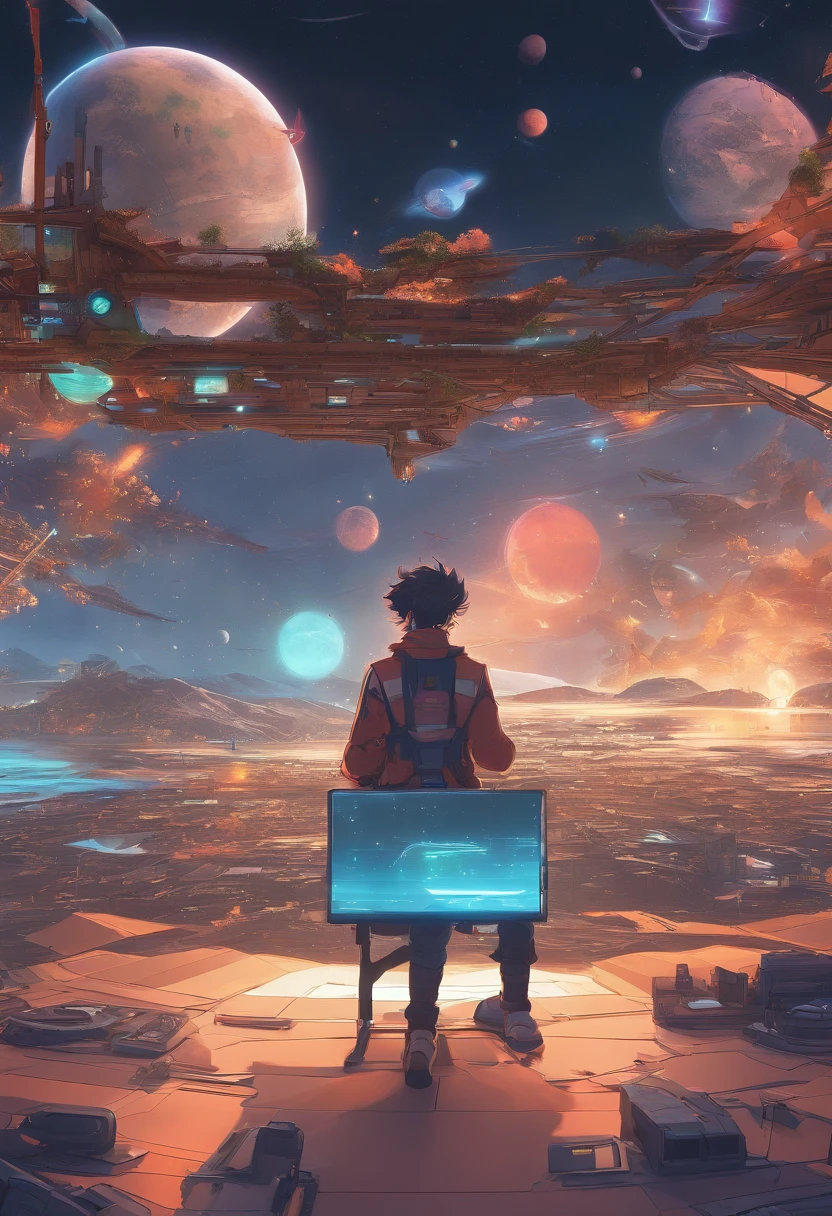anime guy sitting on the ground looking at the planet, space cowboy, cyber space cowboy, inspired by Josan Gonzalez, makoto shinkai ( apex legends ), akira artstyle, ross tran style, akira vibes, akira art style, floating beside planets, josan gonzales, sci - fi art!!!!!!!, josan gonzales!!!, in space, modern sci-fi anime