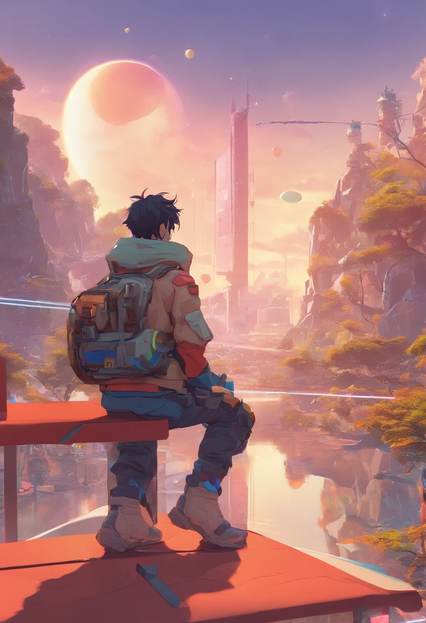 anime guy sitting on the ground looking at the planet, space cowboy, cyber space cowboy, inspired by Josan Gonzalez, makoto shinkai ( apex legends ), akira artstyle, ross tran style, akira vibes, akira art style, floating beside planets, josan gonzales, sci - fi art!!!!!!!, josan gonzales!!!, in space, modern sci-fi anime