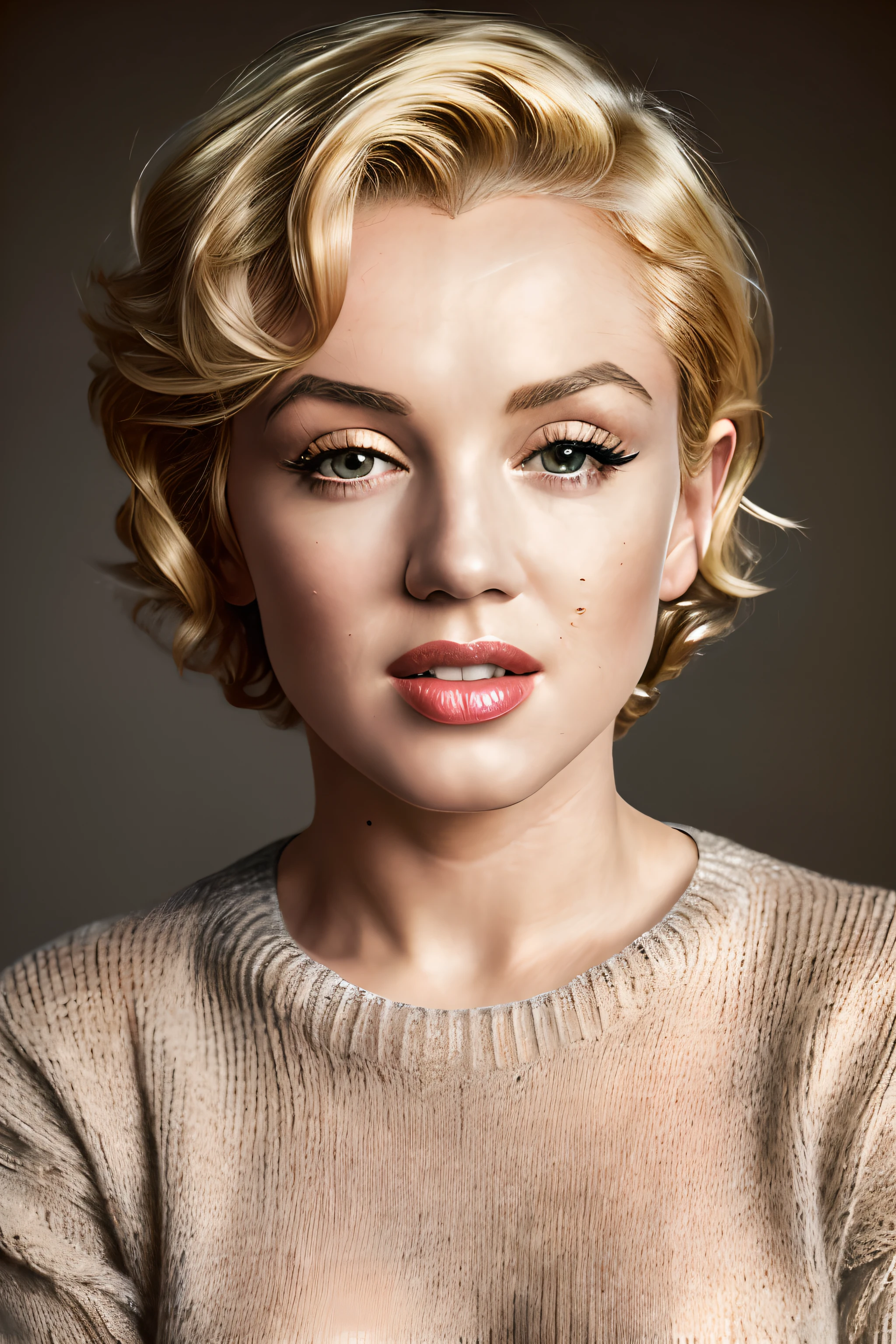 (masterpiece:1.3), (8k, photorealistic, RAW photo, best quality: 1.4), (Marilyn Monroe, beautiful face, (realistic face), (short hair:1.3), beautiful hairstyle, realistic eyes, beautiful detailed eyes, (realistic skin), beautiful skin, (sweater), absurdres, attractive, ultra high res, ultra realistic, highly detailed, golden ratio