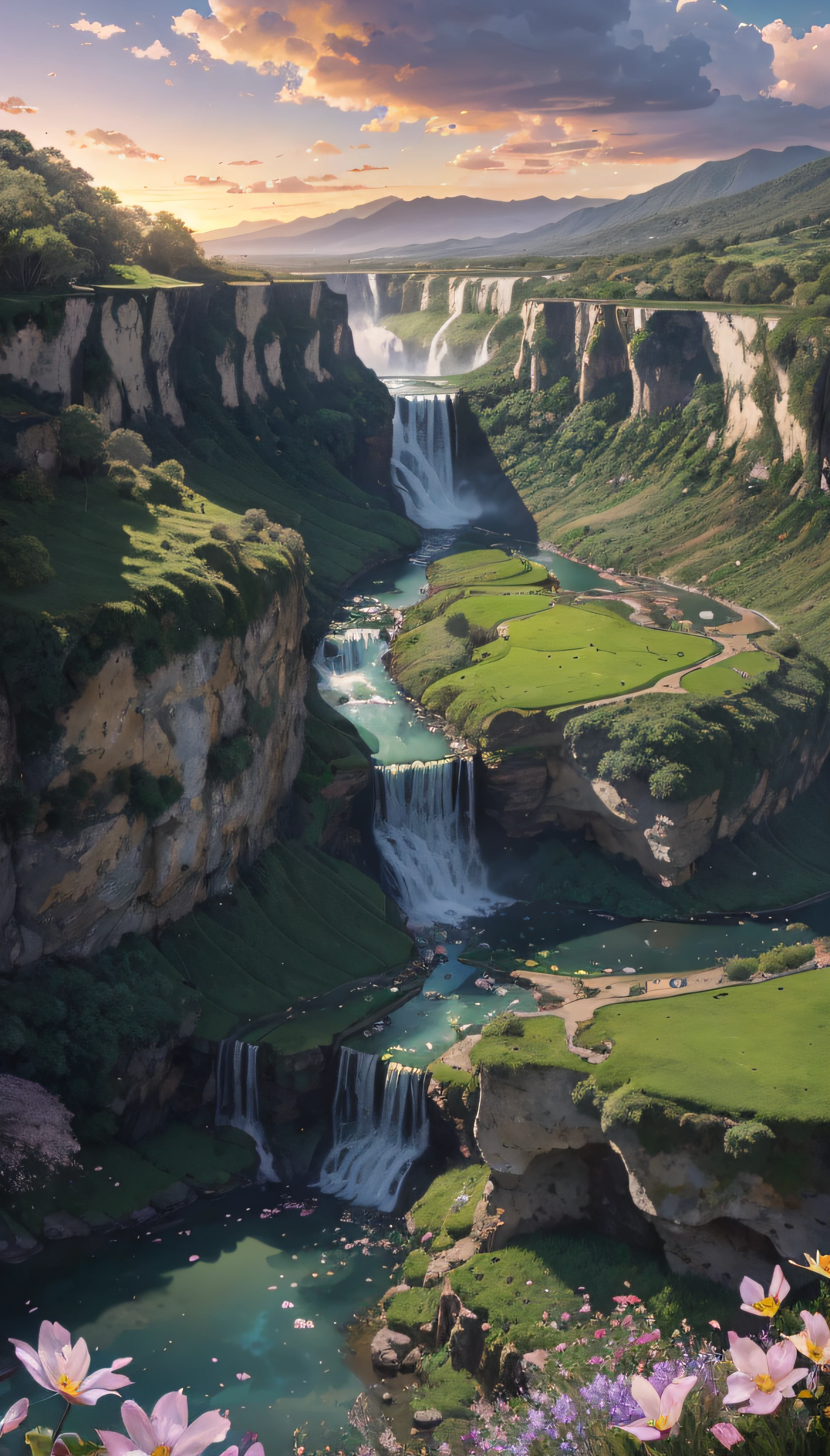 Huge valley，waterfallr，rios， [(White background:1.5)::5], Medium Shot Shot, butterflys,Petals floating in water,steins,Cloud,setting sun,Dusk